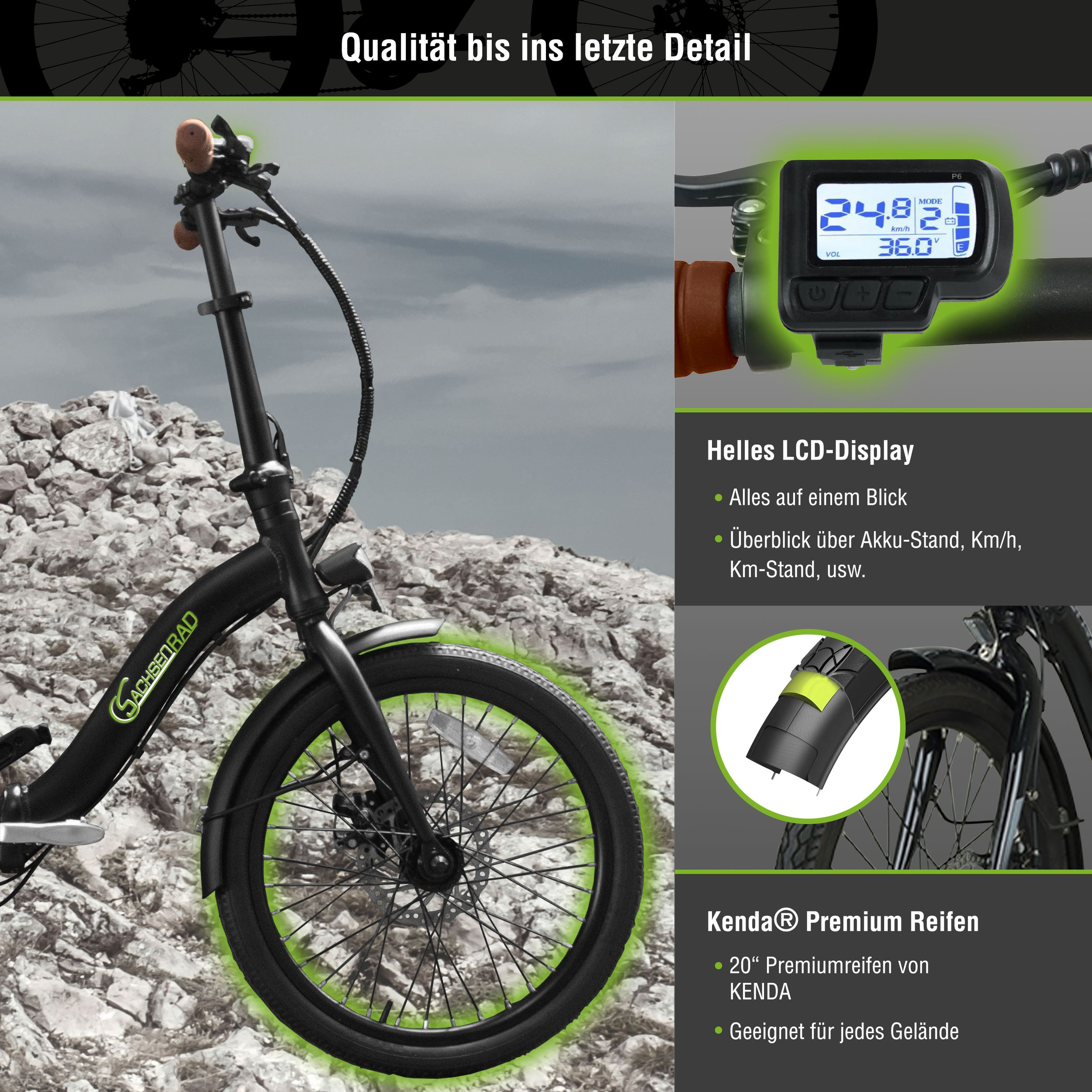 Ein schwarzes Elektrofahrrad auf felsigem Gelände. Details umfassen ein LCD-Display mit Geschwindigkeit und Batterie.