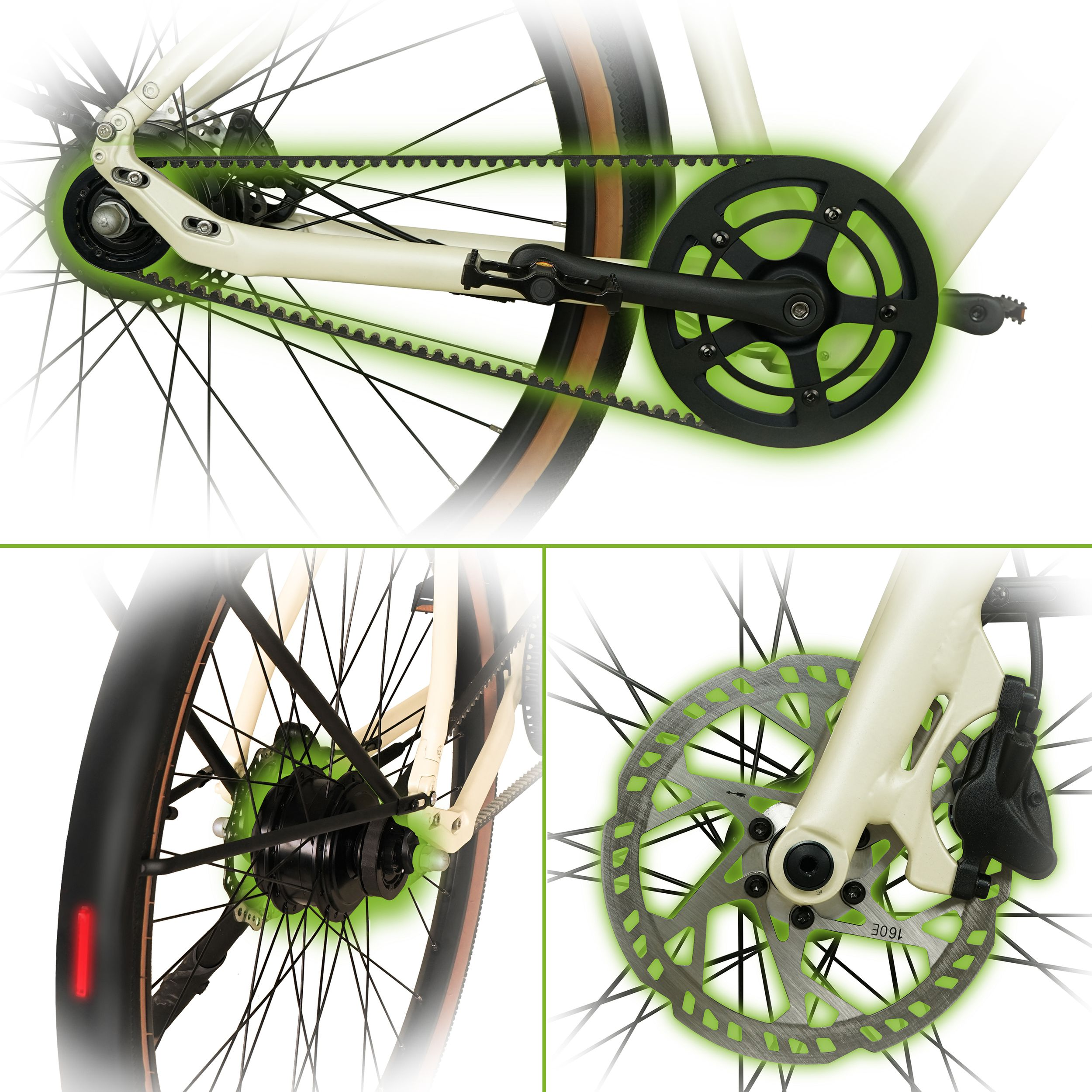 Nahaufnahme eines Fahrrads mit Rad, Scheibenbremse, Kette und Rahmendetails, vor weißem Hintergrund.