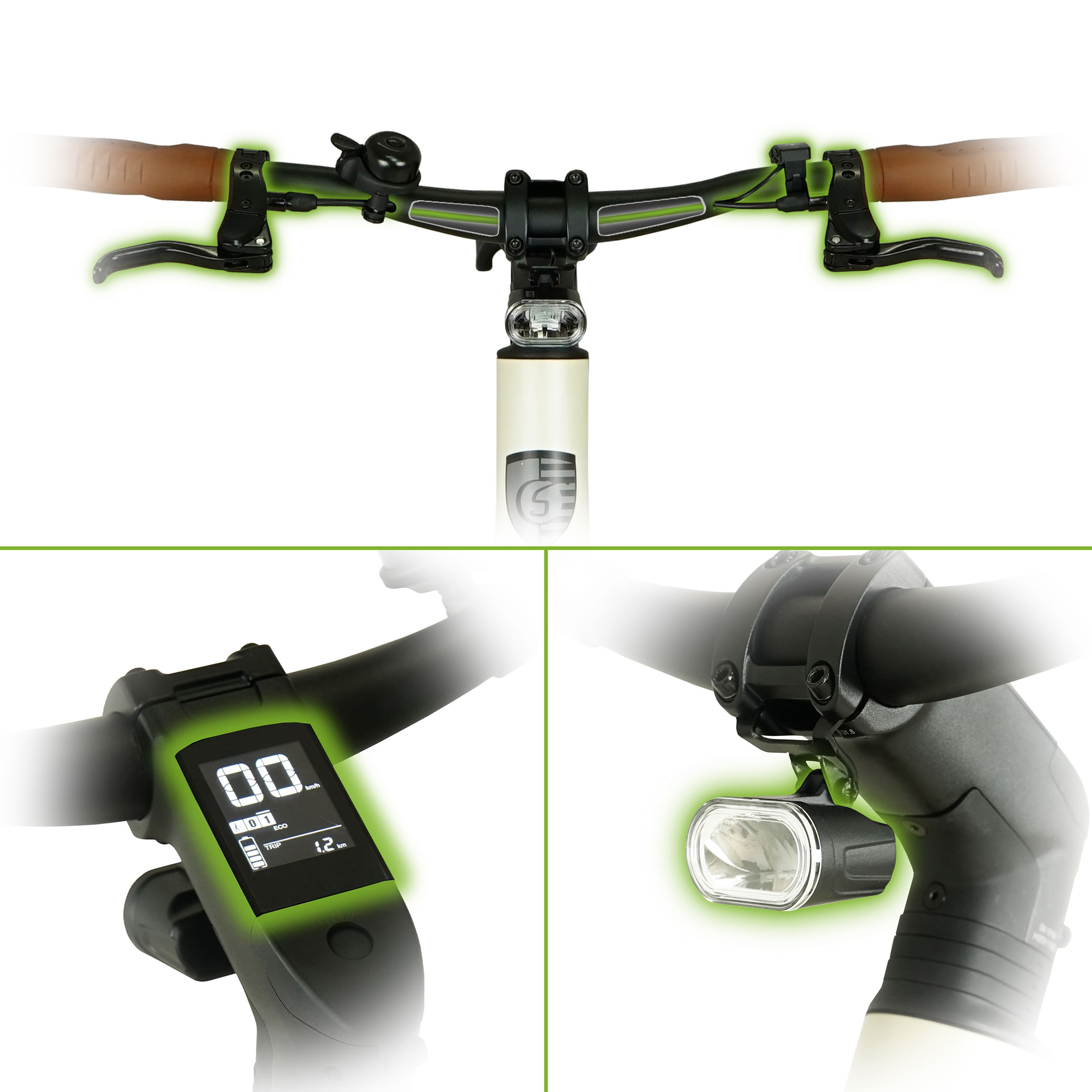 Nahaufnahme eines Fahrradlenkers. Er hat Bremsen, Lichter und ein Digitaldisplay mit Geschwindigkeit und Akkustand.