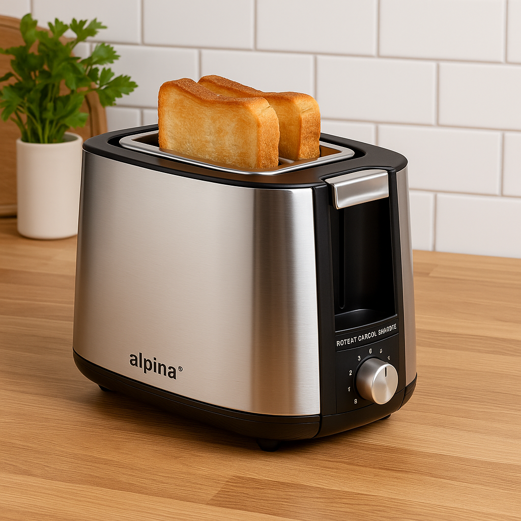 Ein Toaster aus Edelstahl mit zwei Toastscheiben. Links steht eine Pflanze in einem weißen Topf. Der Hintergrund sind weiße Fliesen.