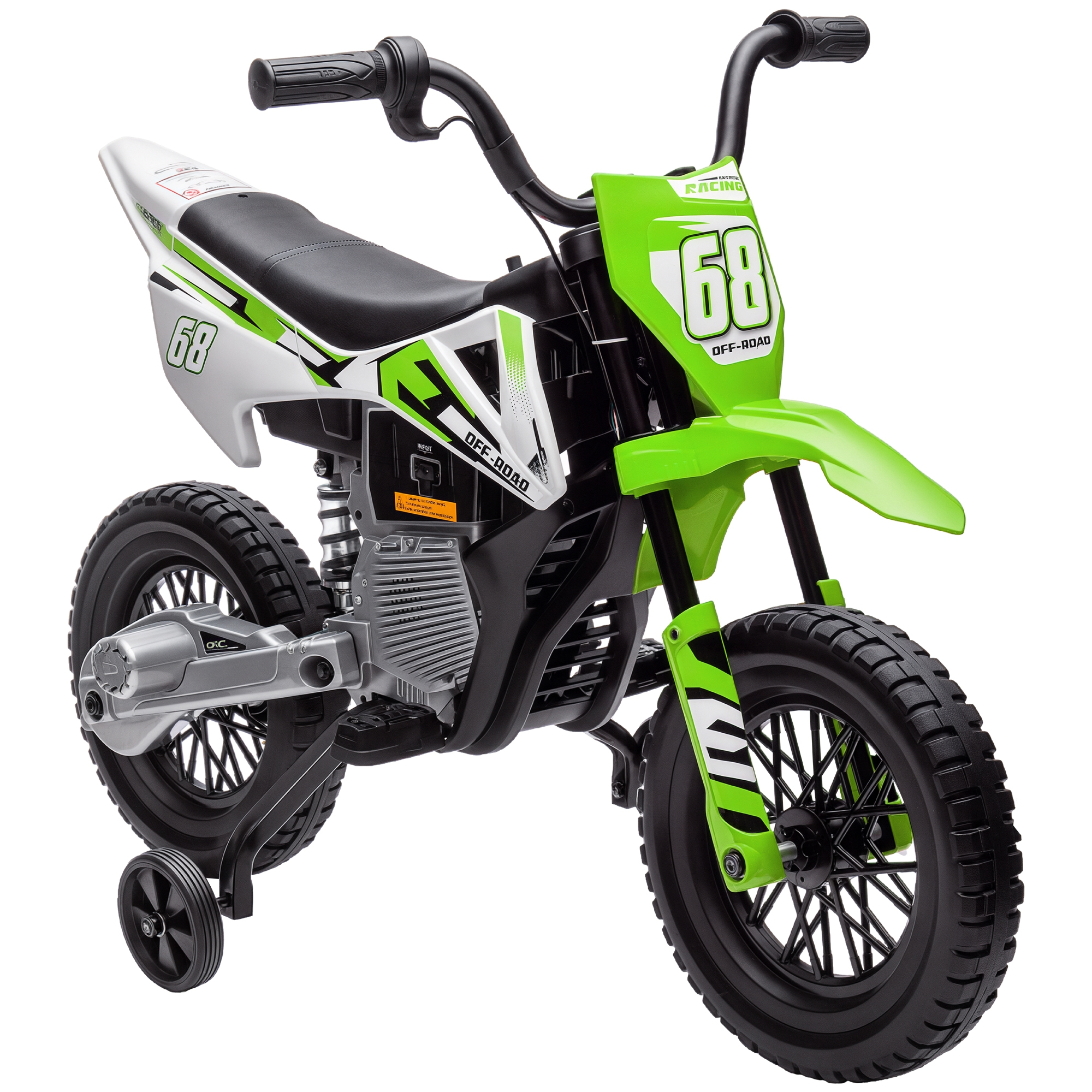 Una moto giocattolo verde e bianca con il numero 68, pneumatici neri e rotelle su sfondo bianco.
