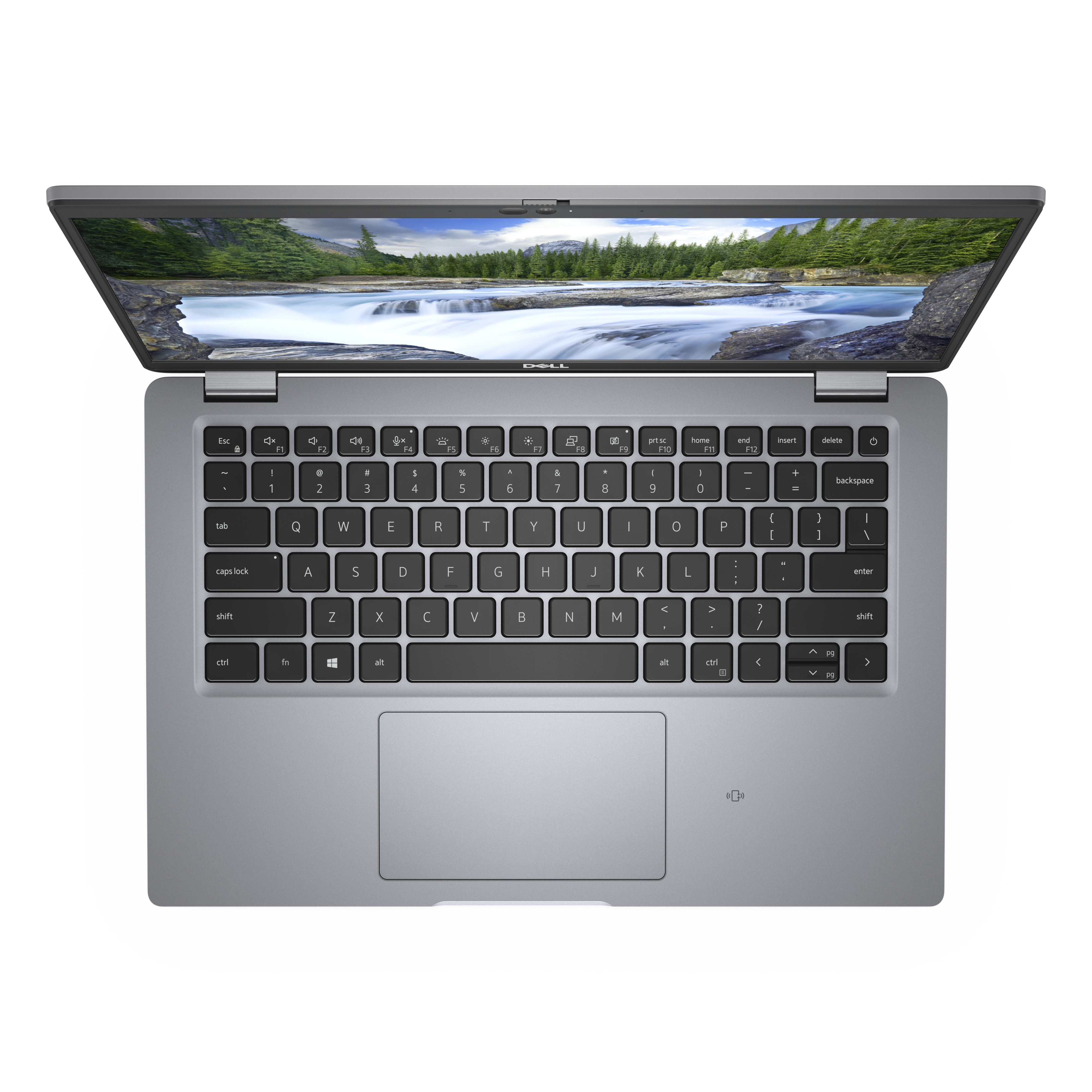 Offener Laptop, Bildschirm zeigt Landschaft, Tastatur sichtbar mit Tasten, Trackpad unten.