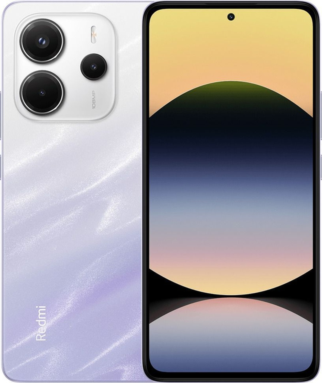 Beyaz ve mor renkli bir Redmi akıllı telefon. Arkasında birden fazla kamerası ve ön tarafında bir manzara gösteren büyük bir ekranı var.