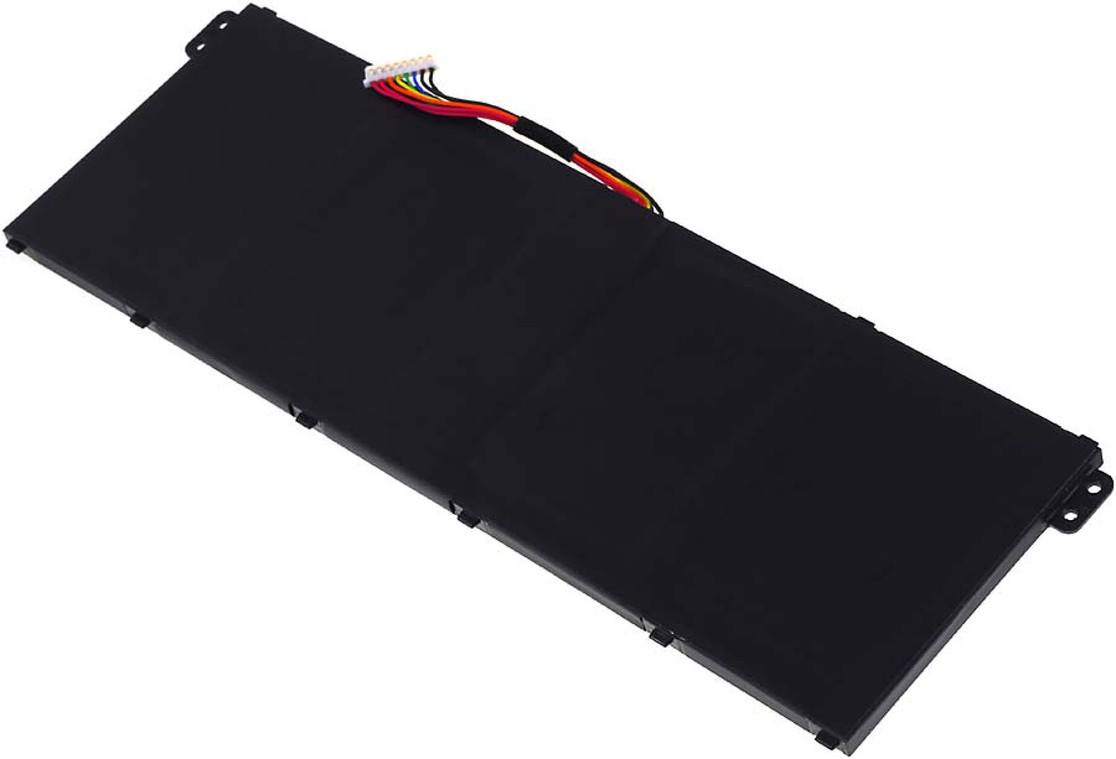 Ein rechteckiger, schwarzer Laptop-Akku. Er hat einen Stecker mit bunten Drähten an einem Ende. Der Hintergrund ist weiß.