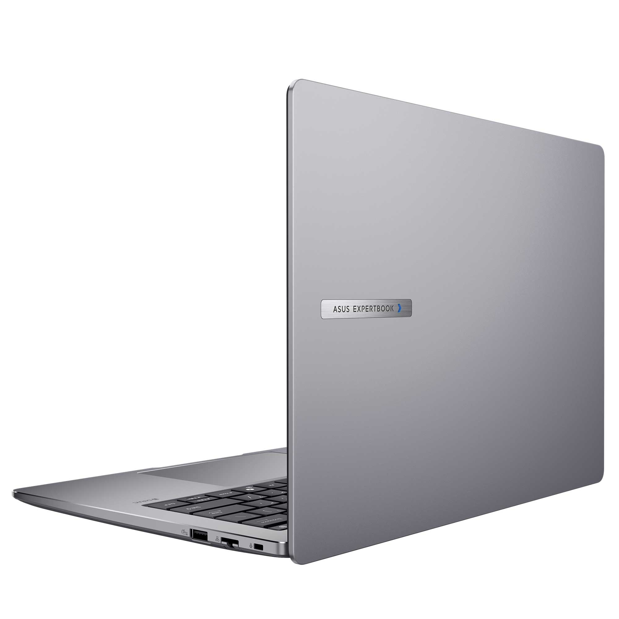 Gümüş renkli bir Asus Expertbook dizüstü bilgisayar, klavyeyi ve logolu arka kapağı gösterir şekilde açılı olarak sergileniyor.