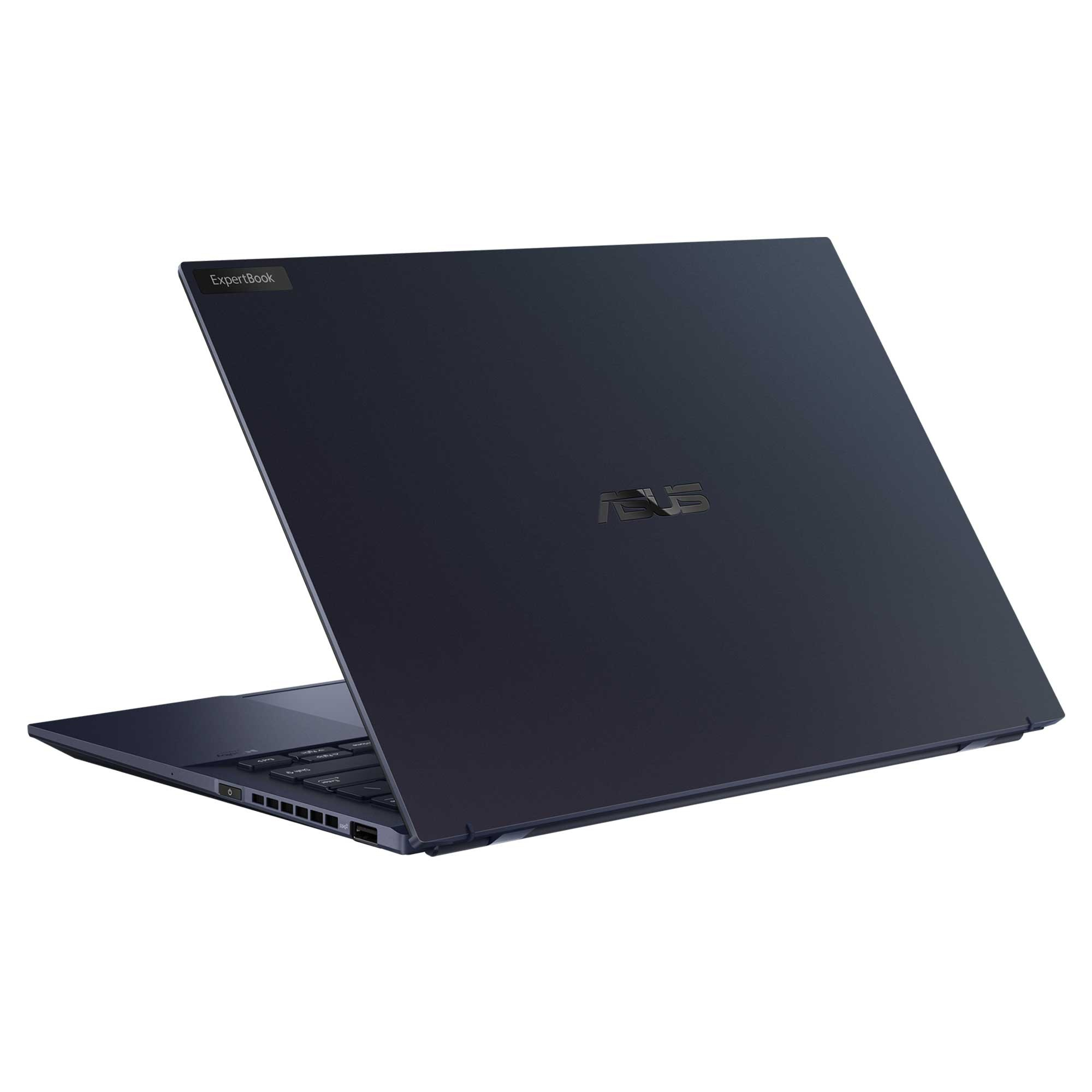 Koyu mavi bir dizüstü bilgisayar, hafifçe açık, klavye görünüyor. ASUS logosu kapakta.