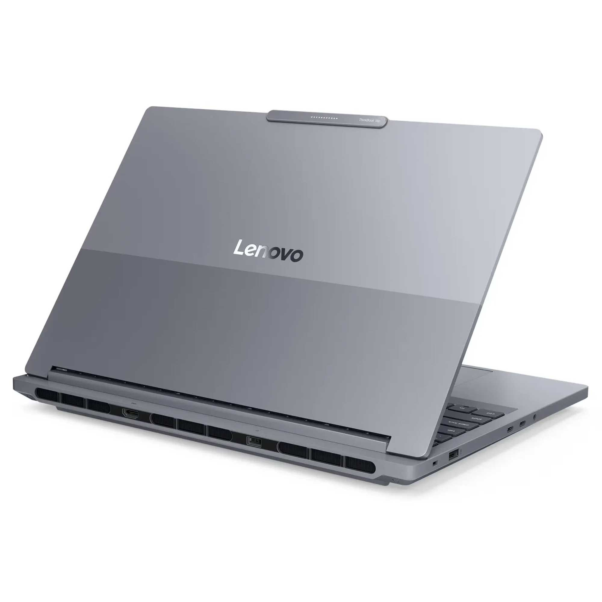 Gri bir Lenovo dizüstü bilgisayar açık. Lenovo logosu görünür. Ekran arkaya doğru eğilmiş, klavyeyi ortaya çıkarıyor.
