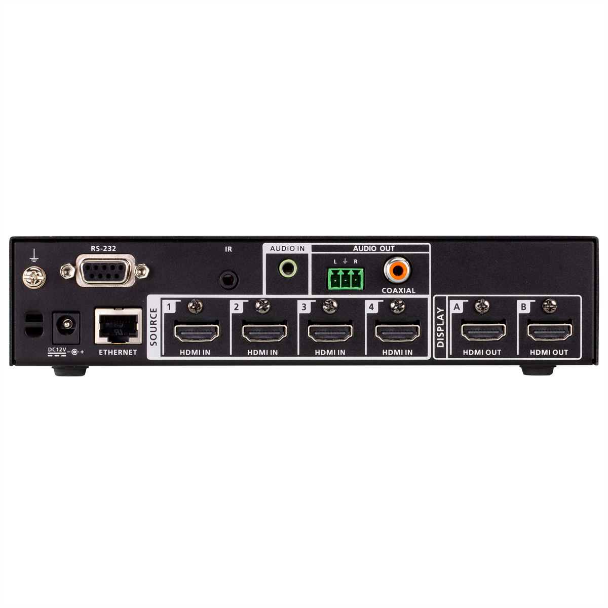 Dispositivo AV nero con più porte etichettate HDMI, Audio In/Out, Ethernet e RS-232. Sfondo bianco.
