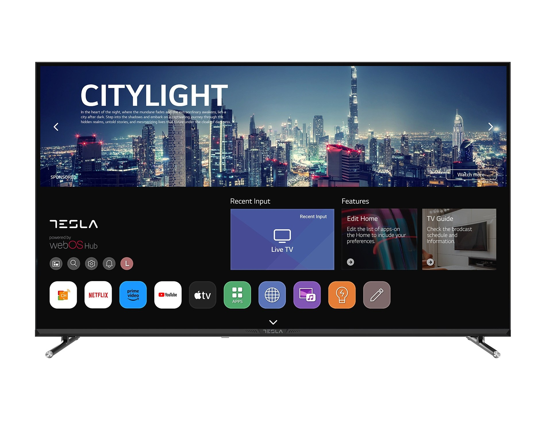 Un televisor Tesla muestra un paisaje urbano nocturno. La interfaz incluye Netflix, YouTube y otras aplicaciones.