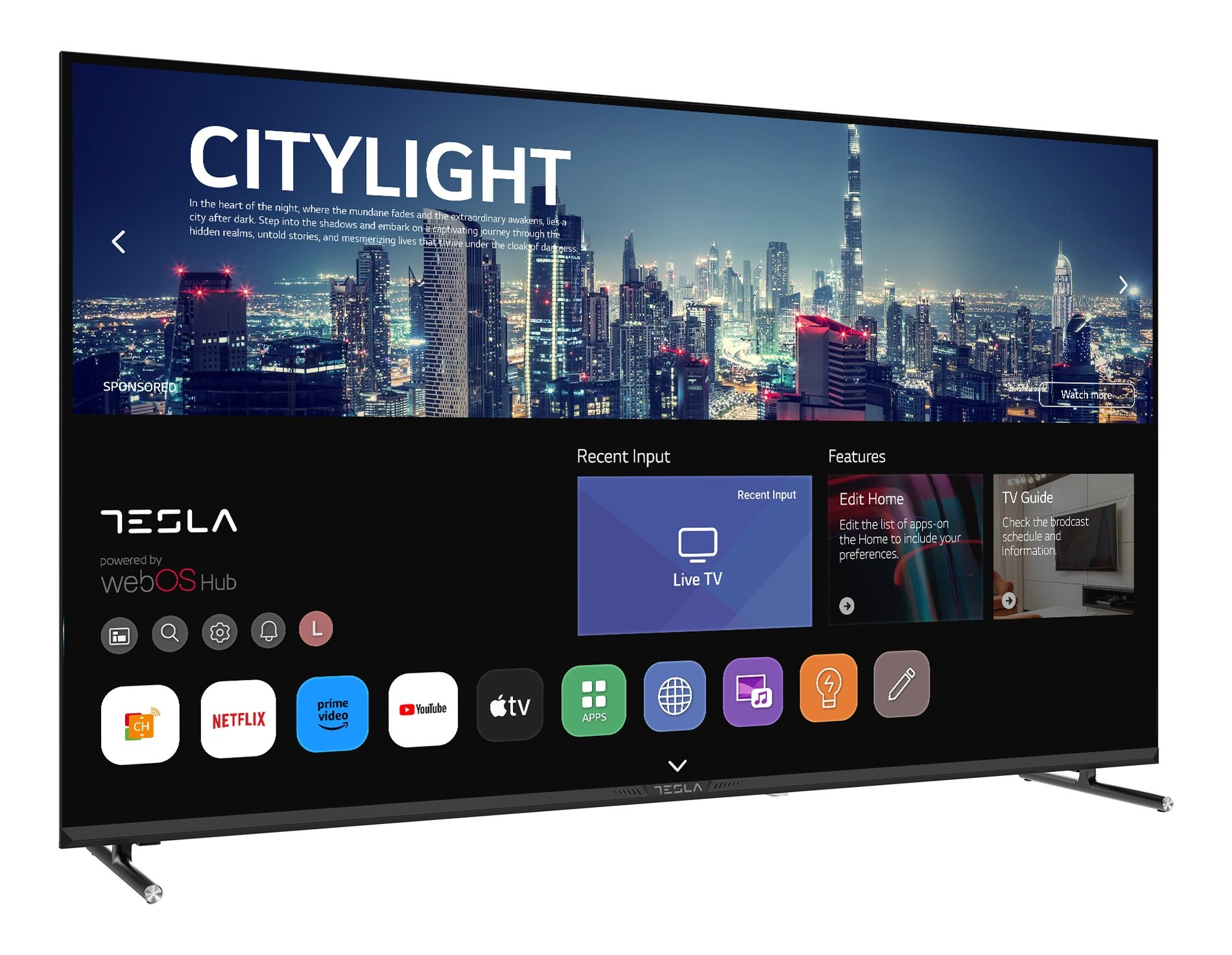 TV inteligente Tesla muestra una ciudad nocturna. Cuenta con aplicaciones como Netflix, Prime Video y YouTube.