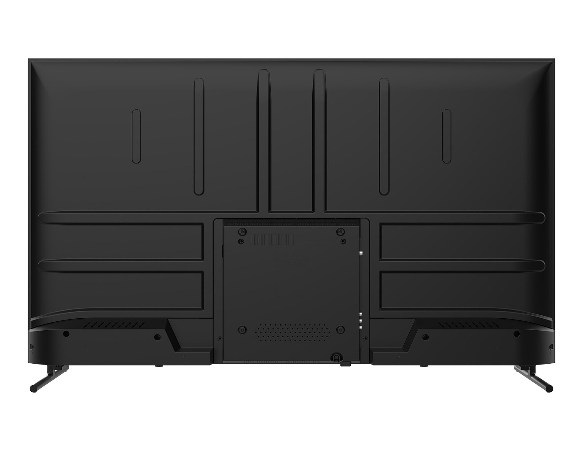 Vista trasera de un televisor negro. Tiene orificios de ventilación y puertos de conexión. Dos soportes sostienen el televisor.