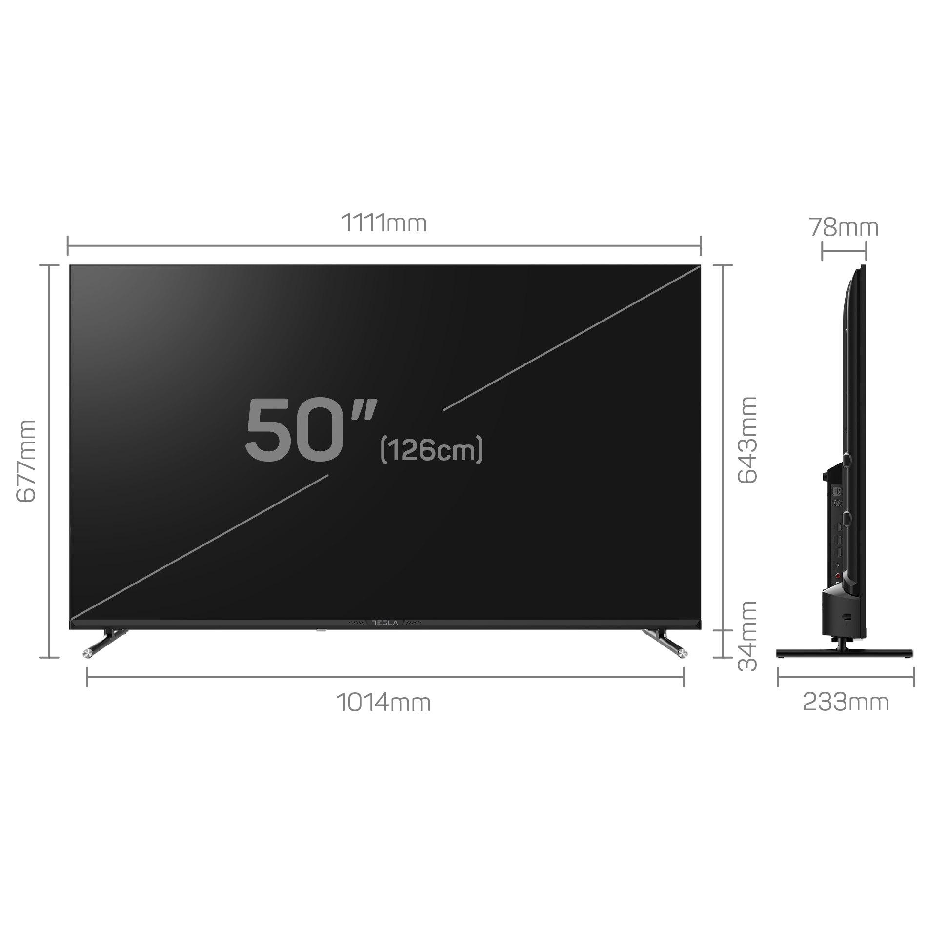 Un televisor Tesla de 50 pulgadas con dimensiones mostradas. El televisor es negro, mostrando sus perfiles frontal y lateral. Se proporcionan medidas.
