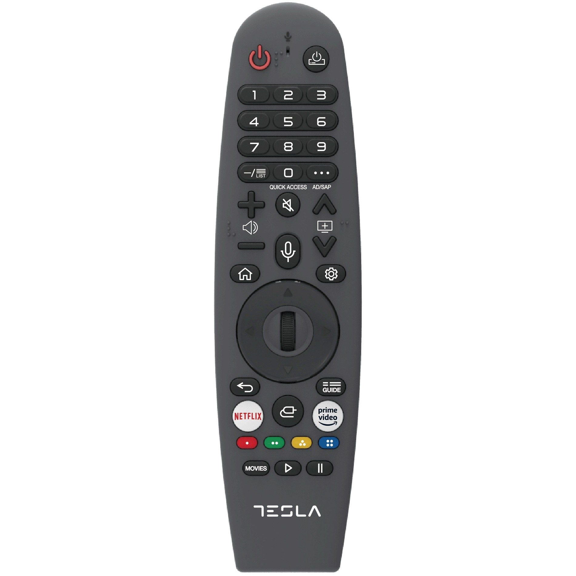 Un mando a distancia de TV Tesla gris oscuro con botones de encendido, números, Netflix y control de volumen, sobre fondo blanco.