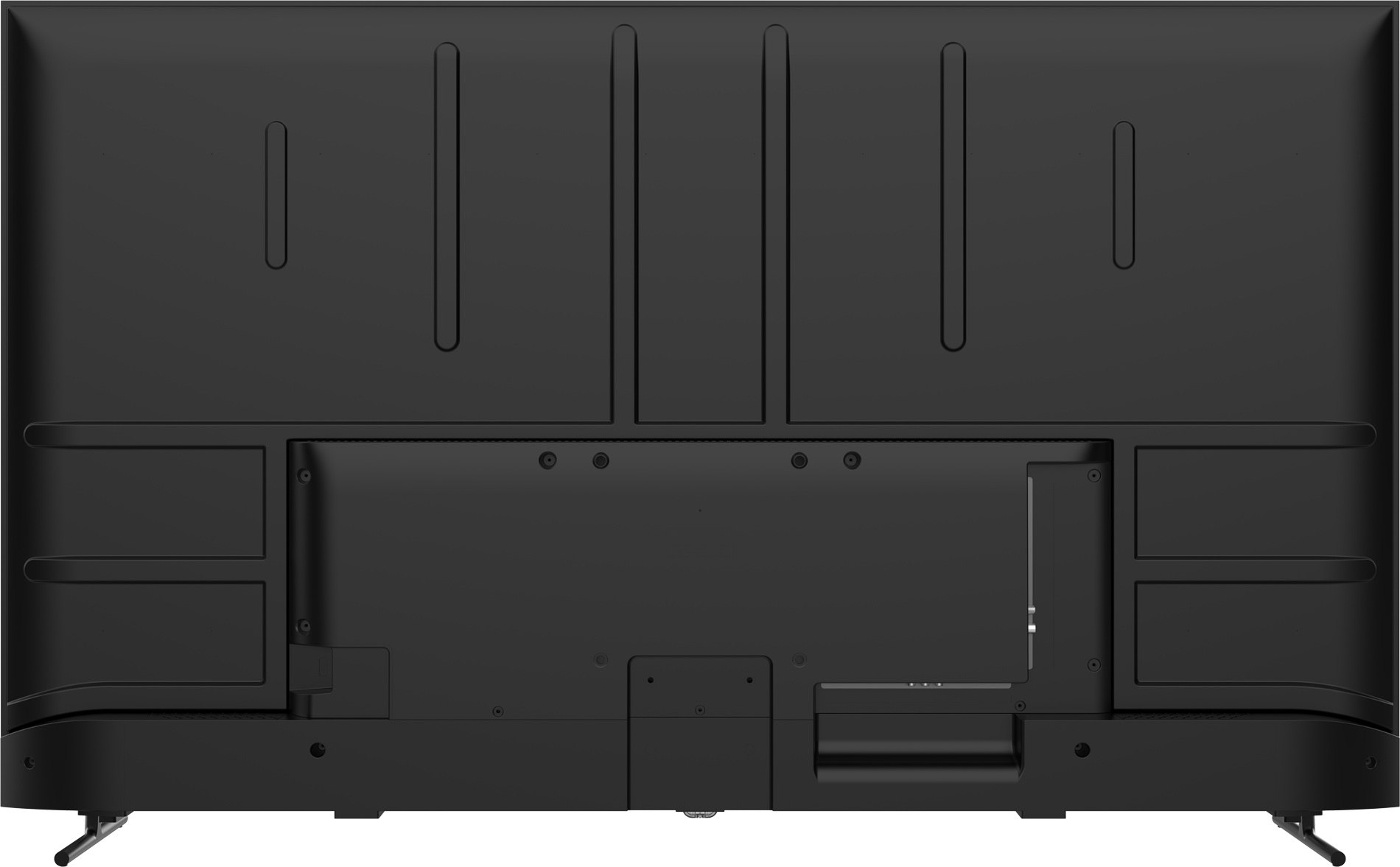 Parte trasera de un televisor negro. Tiene muchas rejillas de ventilación, puertos y un soporte. La superficie tiene elementos de diseño verticales y horizontales.