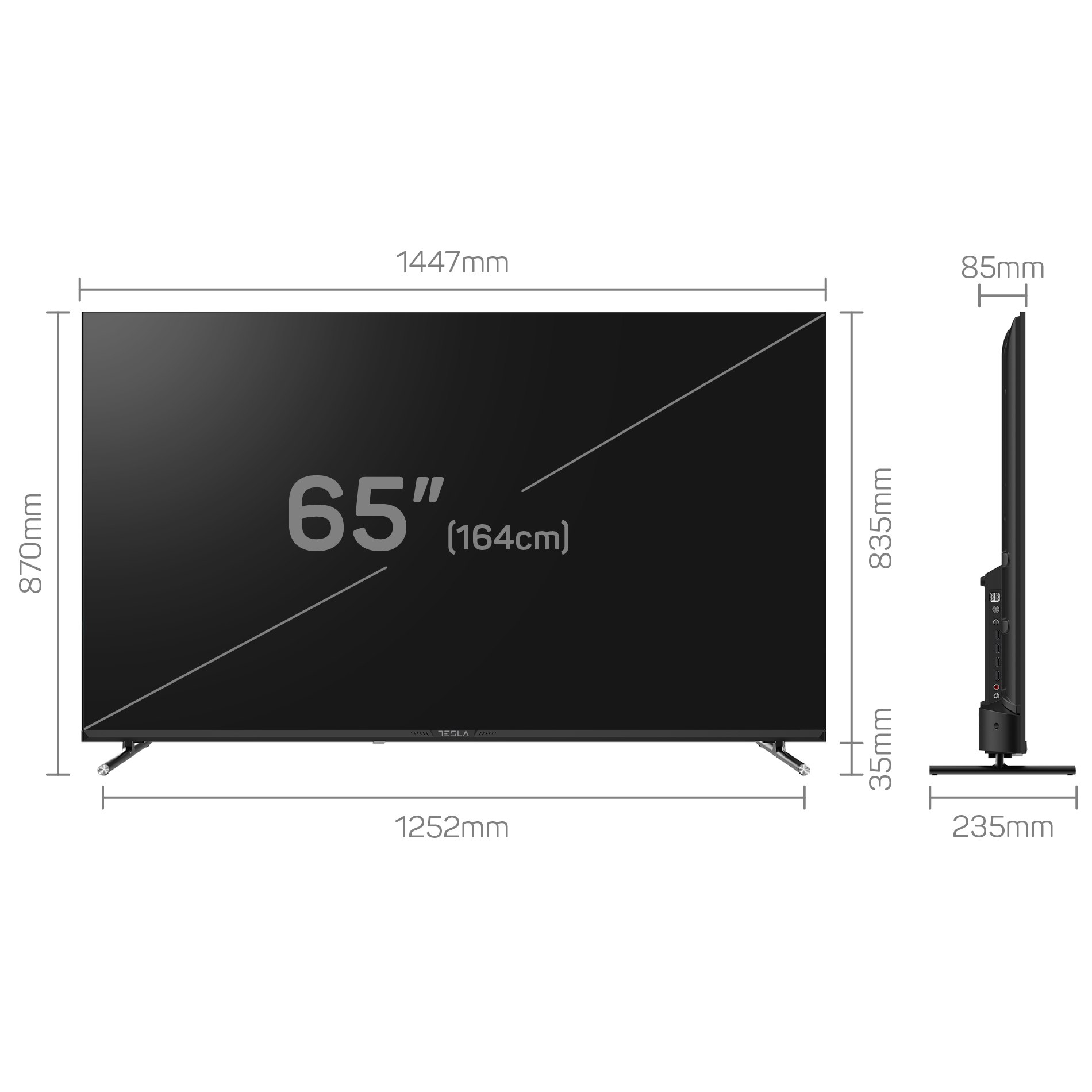 Un televisor Tesla de 65 pulgadas con dimensiones etiquetadas. Vista frontal muestra ancho, alto y diagonal. Vista lateral muestra grosor.