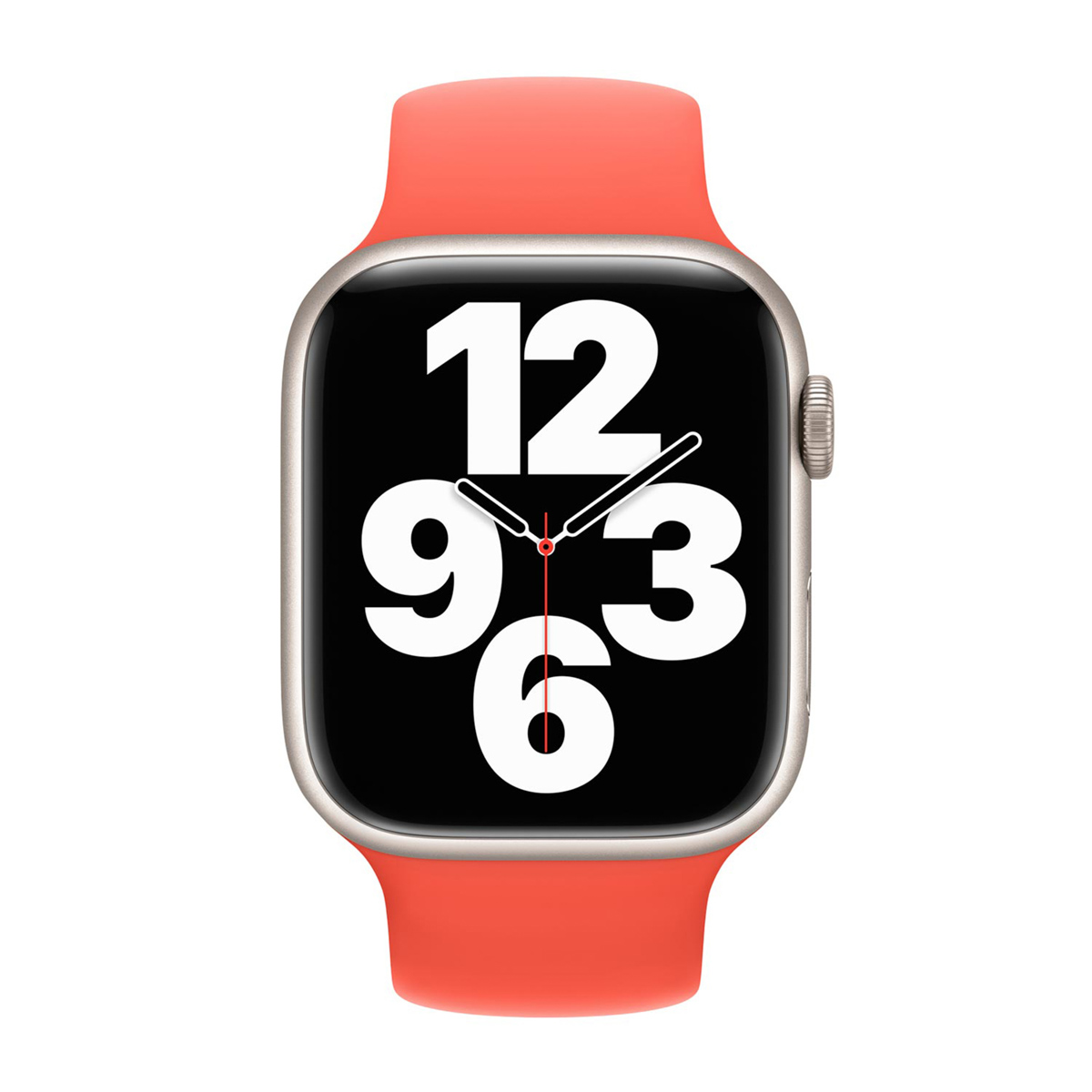 Apple Watch argentato con cinturino corallo, mostra l'ora. Il quadrante è nero con numeri bianchi.