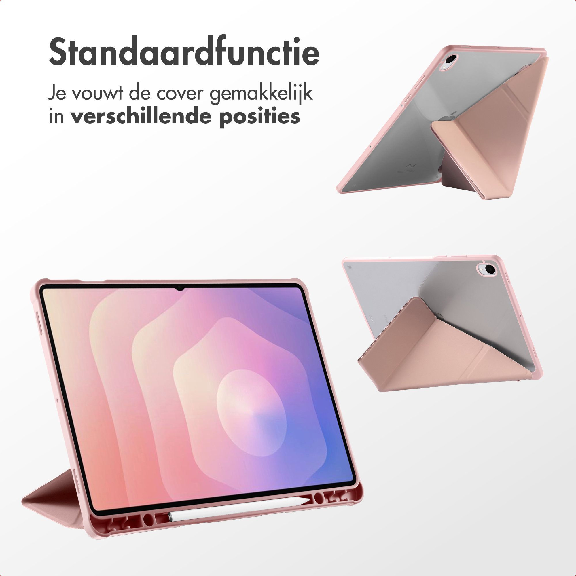 A tablet in a pink case is shown in multiple positions. The case folds to act as a stand. Text in Dutch is visible.