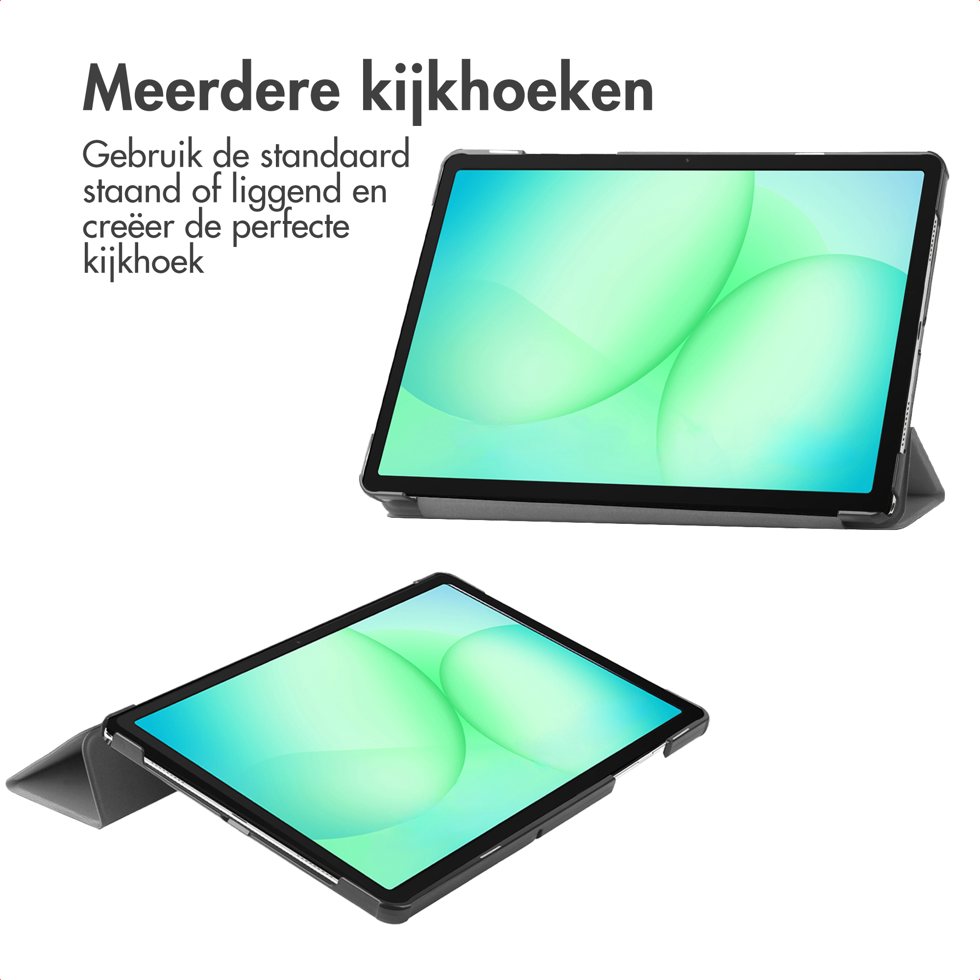 Deux tablettes sur une surface blanche. Une est debout, l'autre à plat. Les deux affichent un design vert et bleu. Texte en néerlandais.