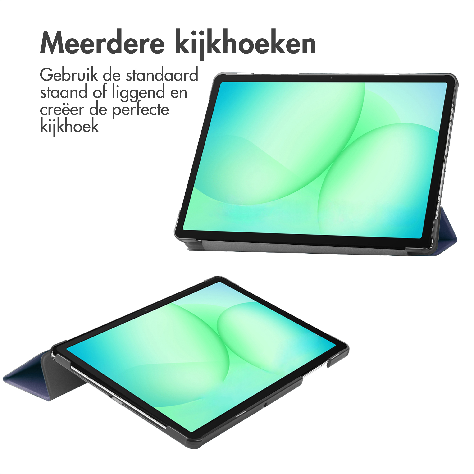 Twee tablets met hoezen. Eén staat schuin, de andere plat. Beide hebben groene en blauwe schermen. Nederlandse tekst bovenaan.