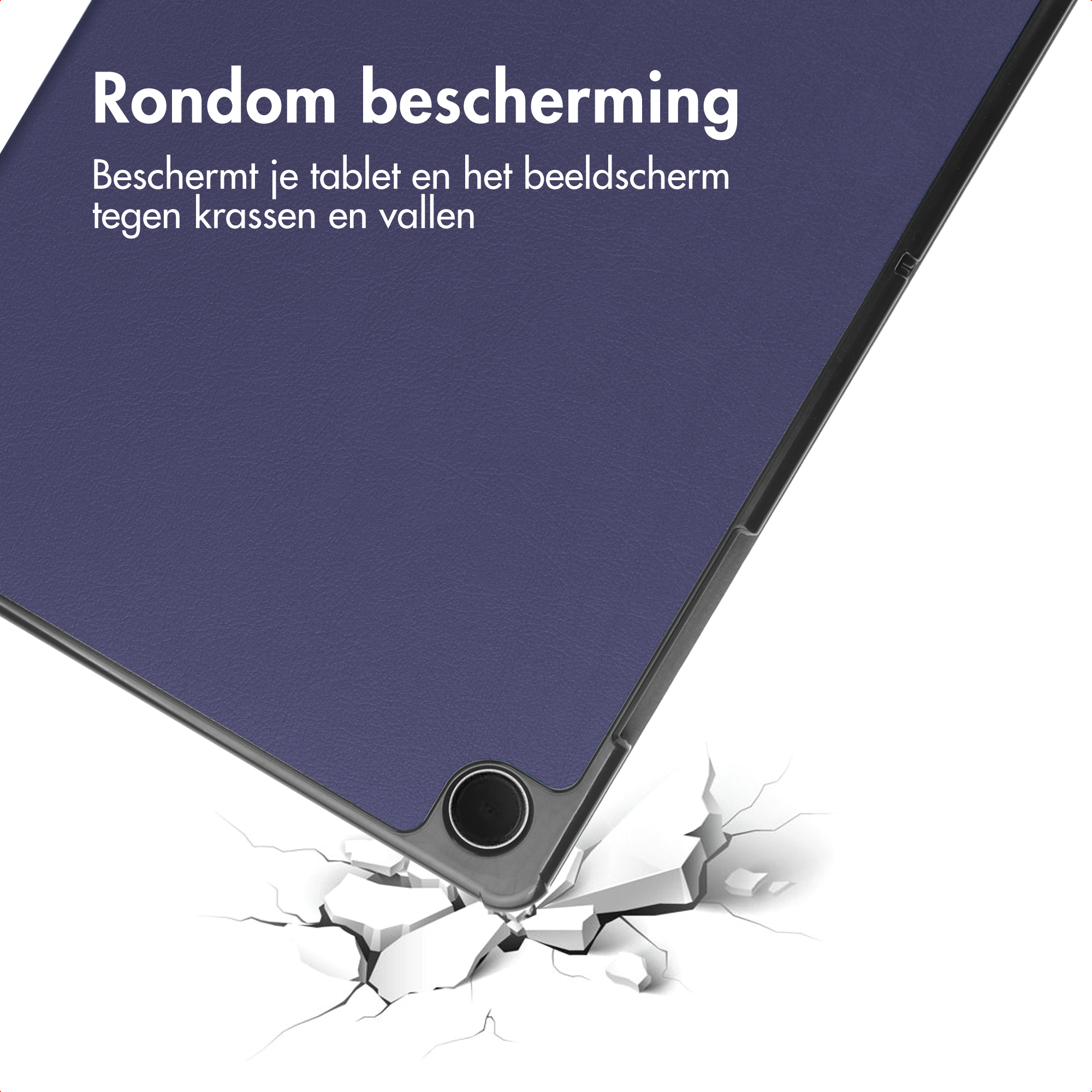 Tablethoes die beschermt tegen krassen en vallen. De tablet zit in een zwarte hoes en de grond barst.