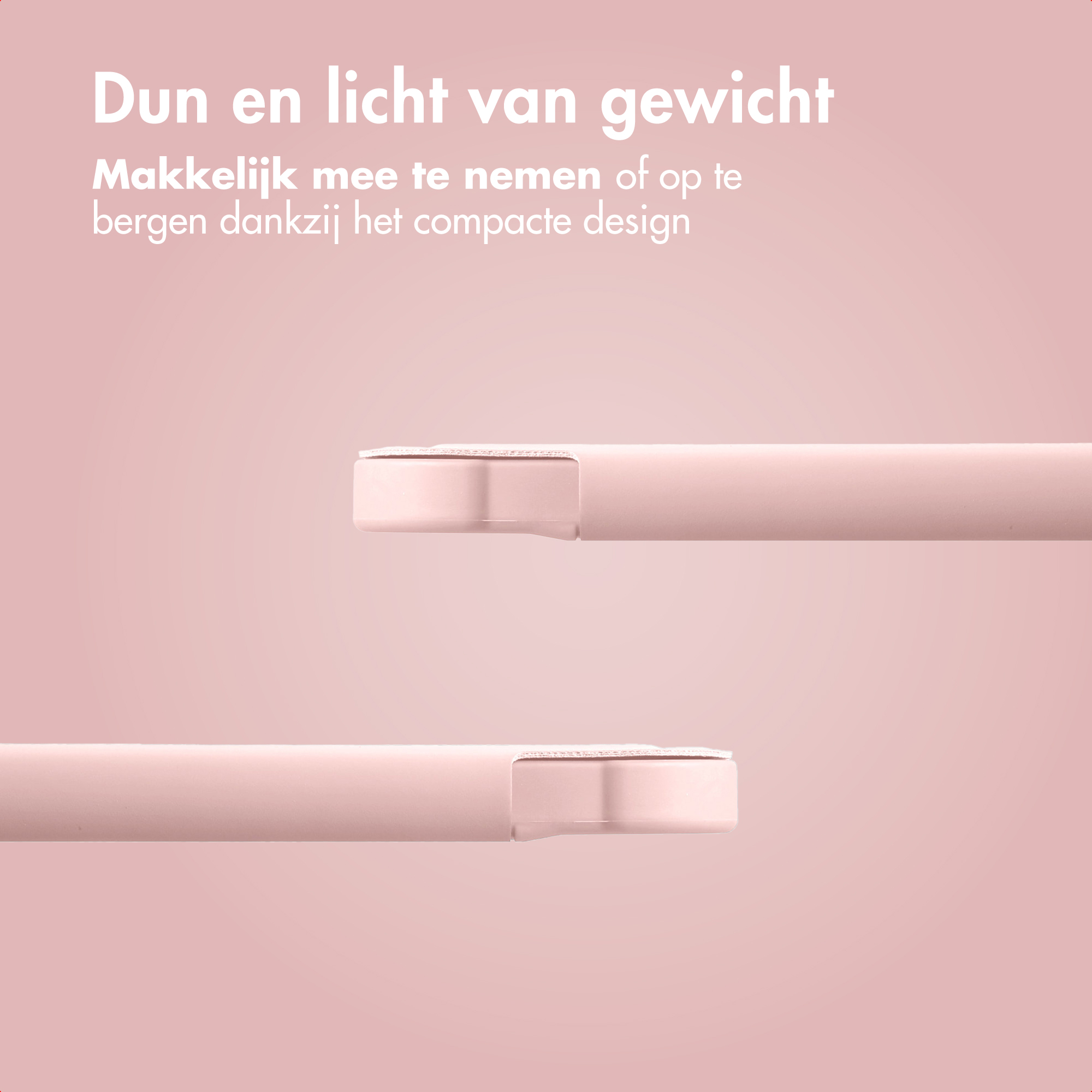 Two pink, rectangular objects, possibly product samples, against a pink background. Text in Dutch is visible.