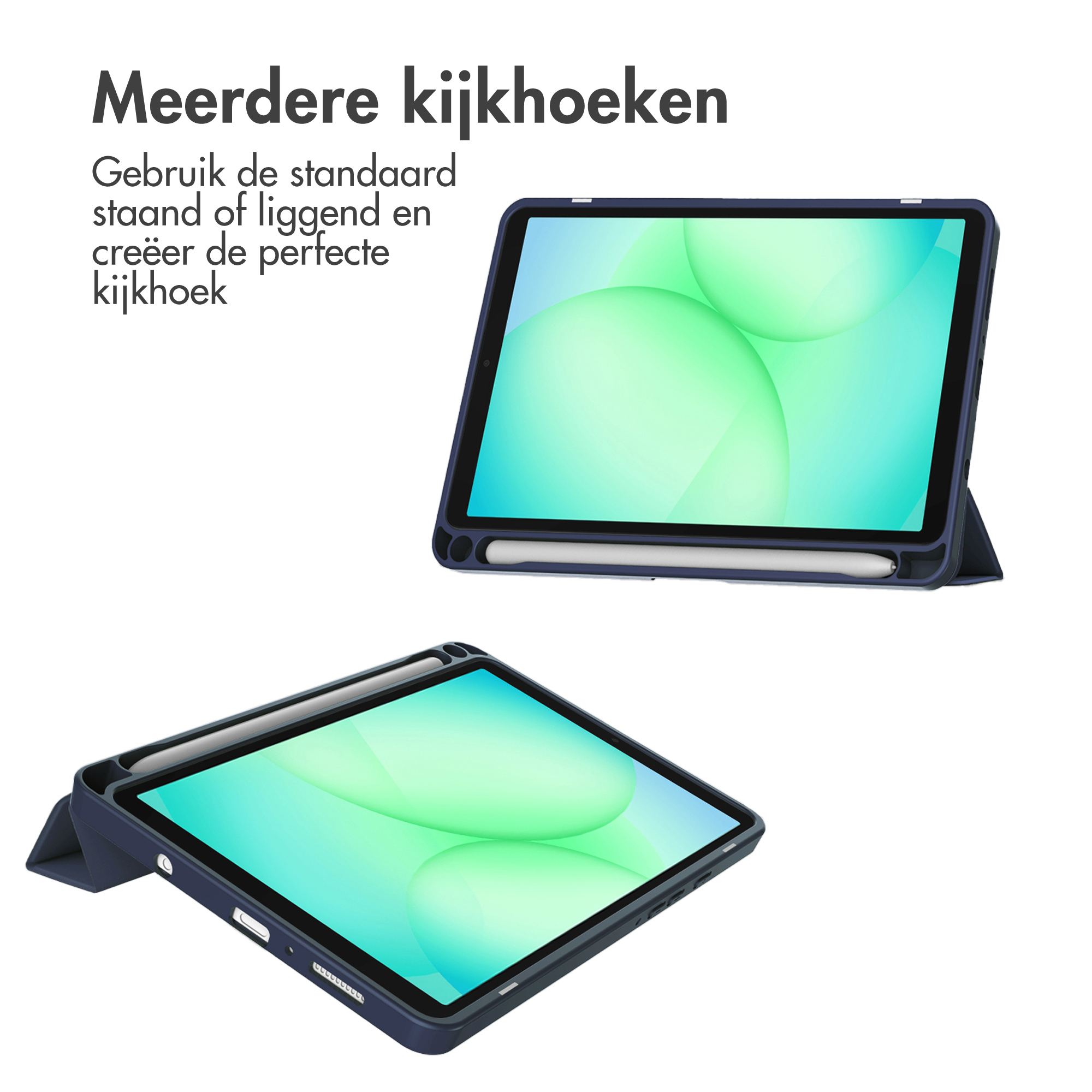 Twee tablets in blauwe hoesjes op witte achtergrond. Eén staat rechtop, de andere plat. Tekst in het Nederlands.