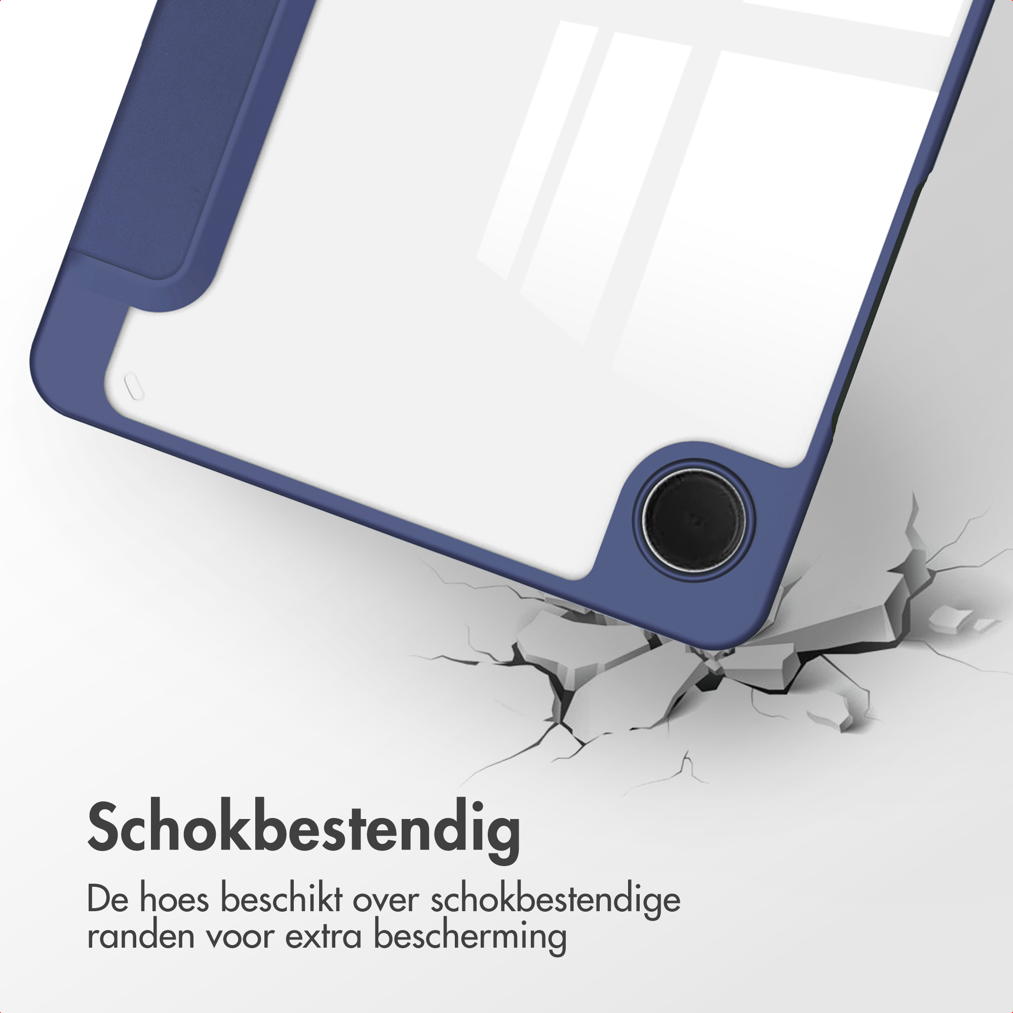 Een blauwe tablethoes, gedeeltelijk gebroken beton en de tekst schokbestendig.