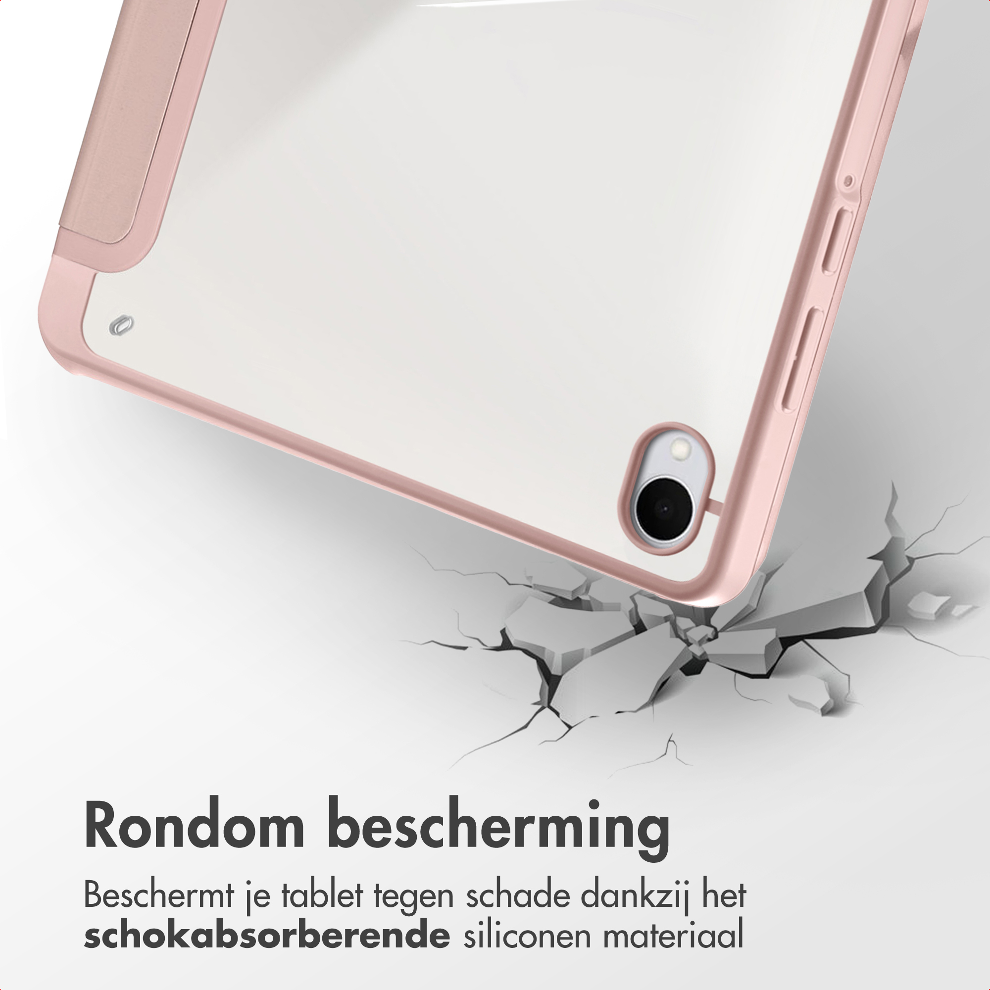 A tablet case, pink frame, clear back, on a cracked surface. Text reads 'Rondom bescherming'.