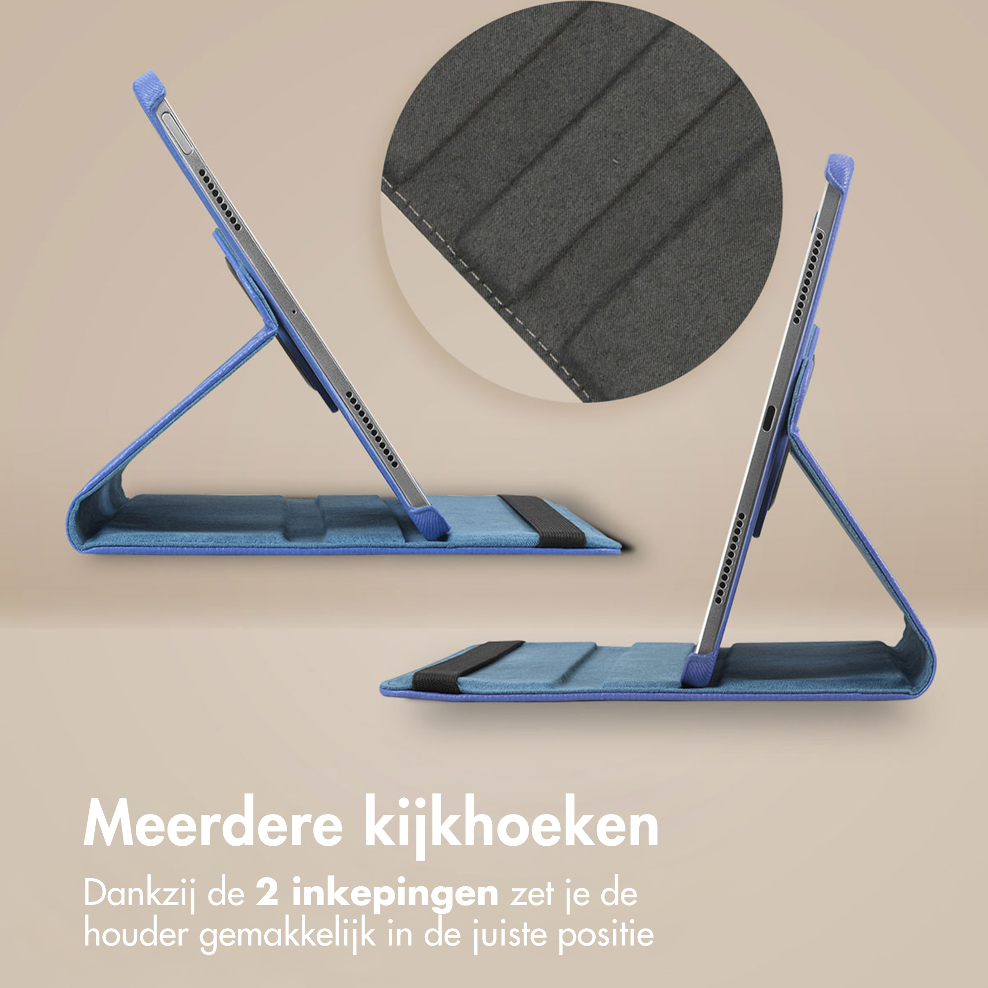 Blue tablet case with stand. Two cases are shown, one open. A close-up shows the case material.