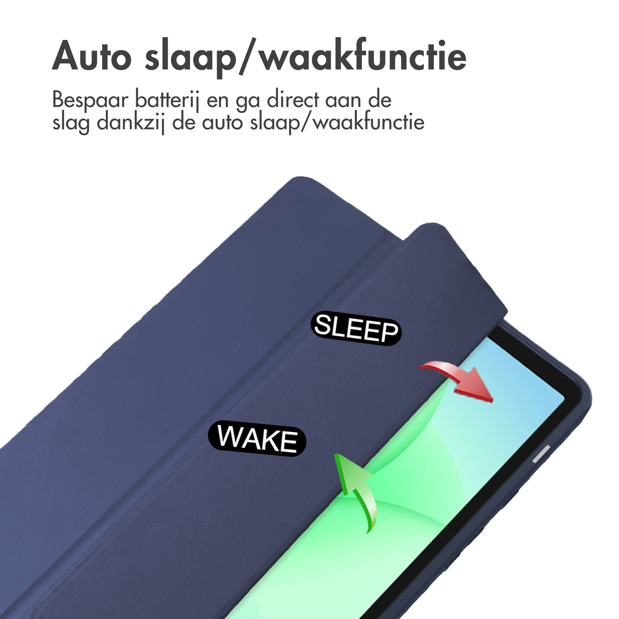Een marineblauwe tablethoes met labels 'SLEEP' en 'WAKE', en pijlen die de functionaliteit aangeven. Tekst in het Nederlands.