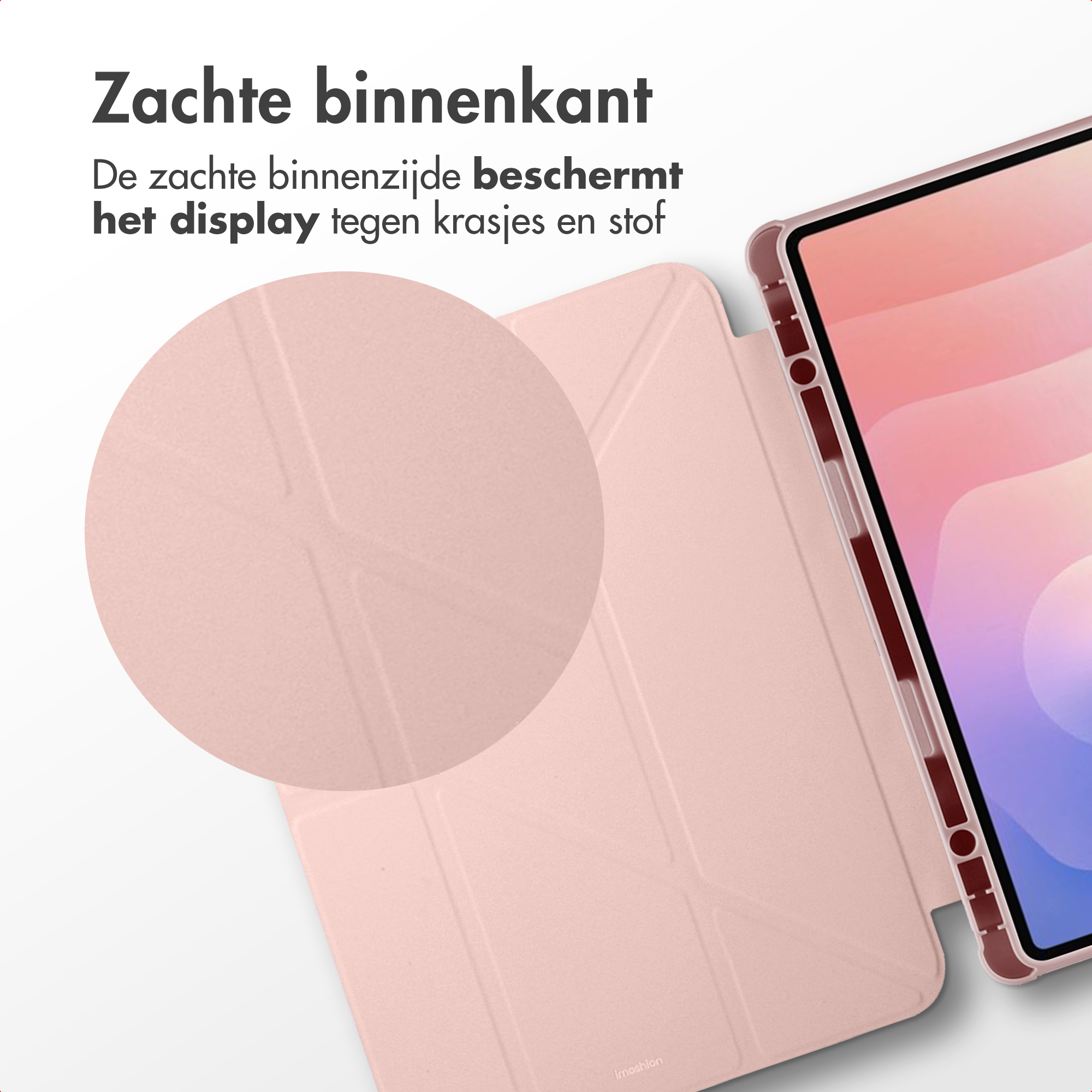 Pink tablet case protecting a display. Soft interior. Text in Dutch.