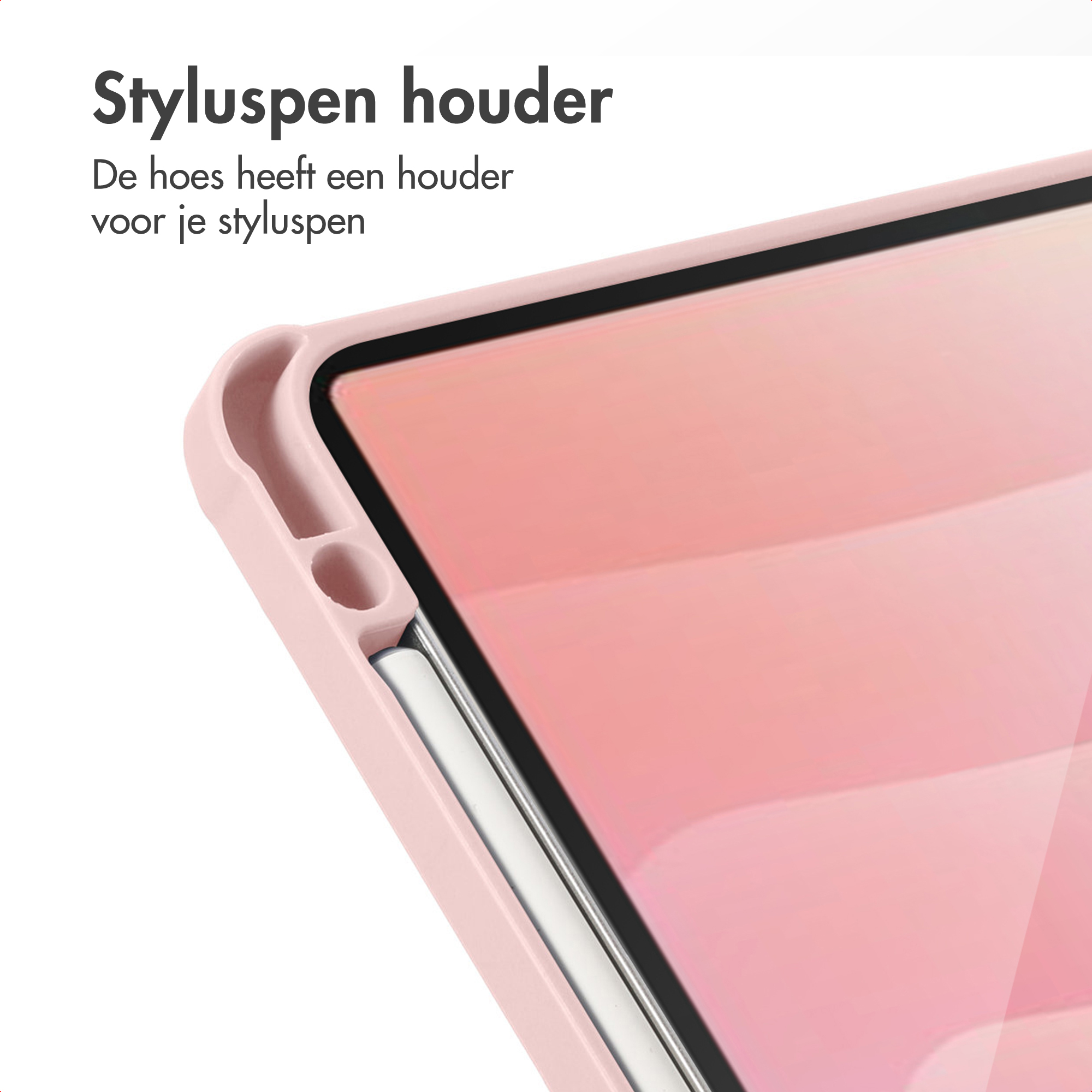 Pink case with a stylus holder. The screen is pink. Text on top says: Styluspen houder.