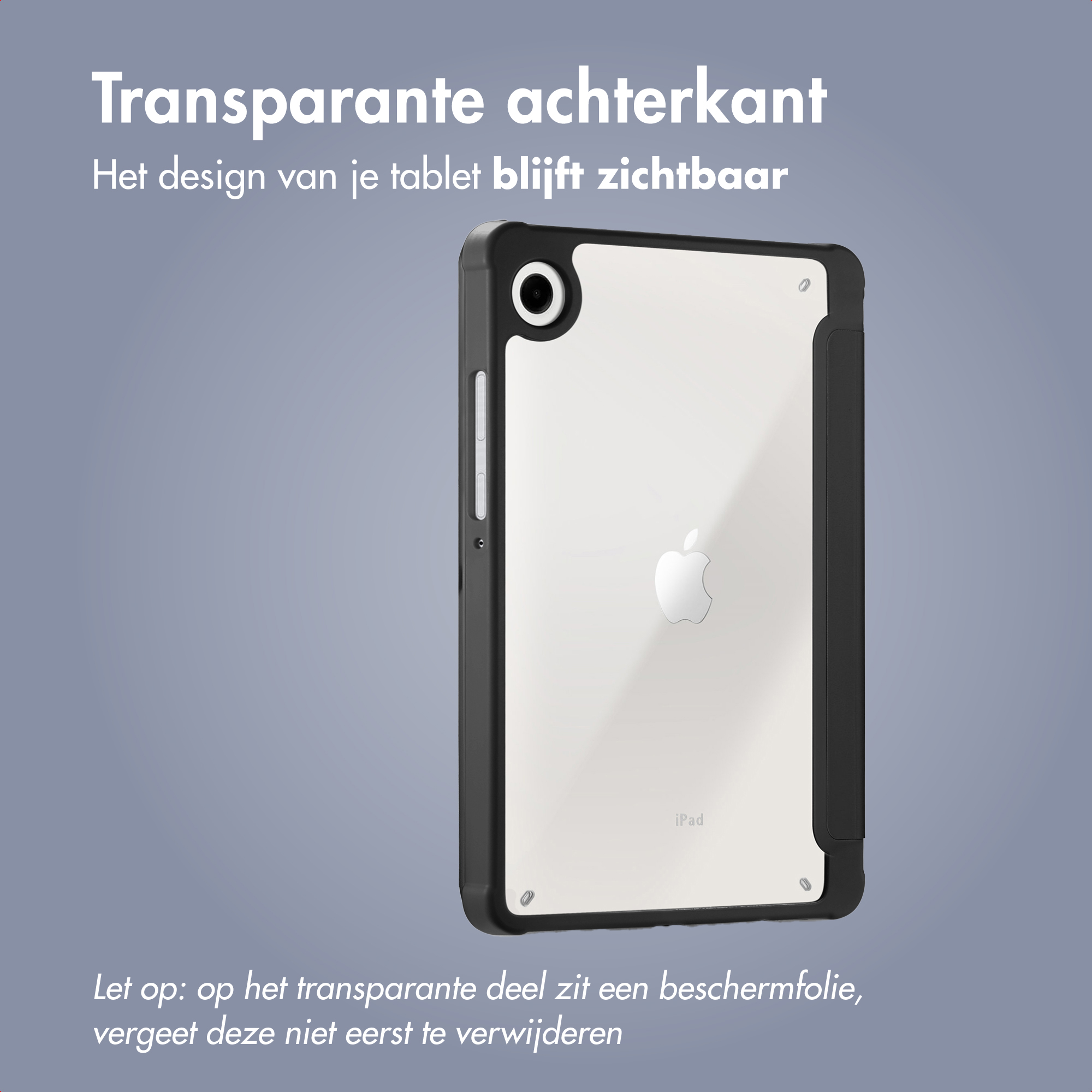 An iPad in a black case, showing its transparent back. White text on top and bottom, the background is light blue.