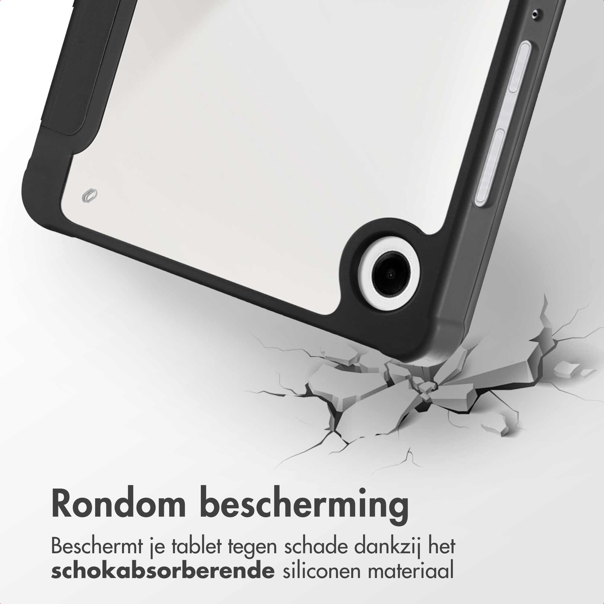 A tablet case is falling, cracking the ground below. Black case with white screen. Text: 'Rondom bescherming'.