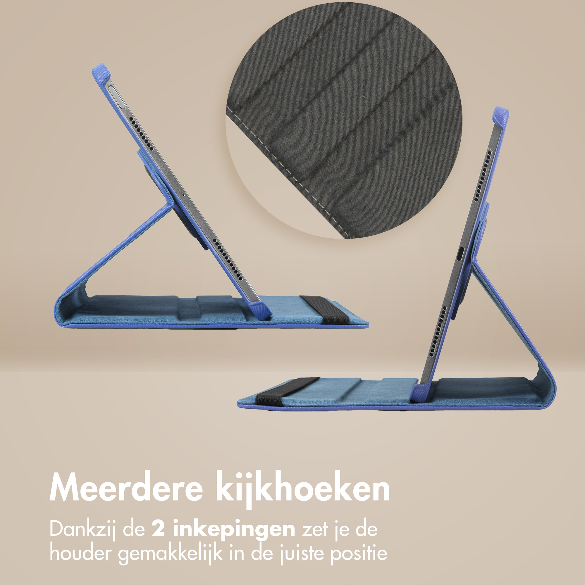 Two blue tablet cases, one open, showing multiple viewing angles. A close-up shows the fabric texture.