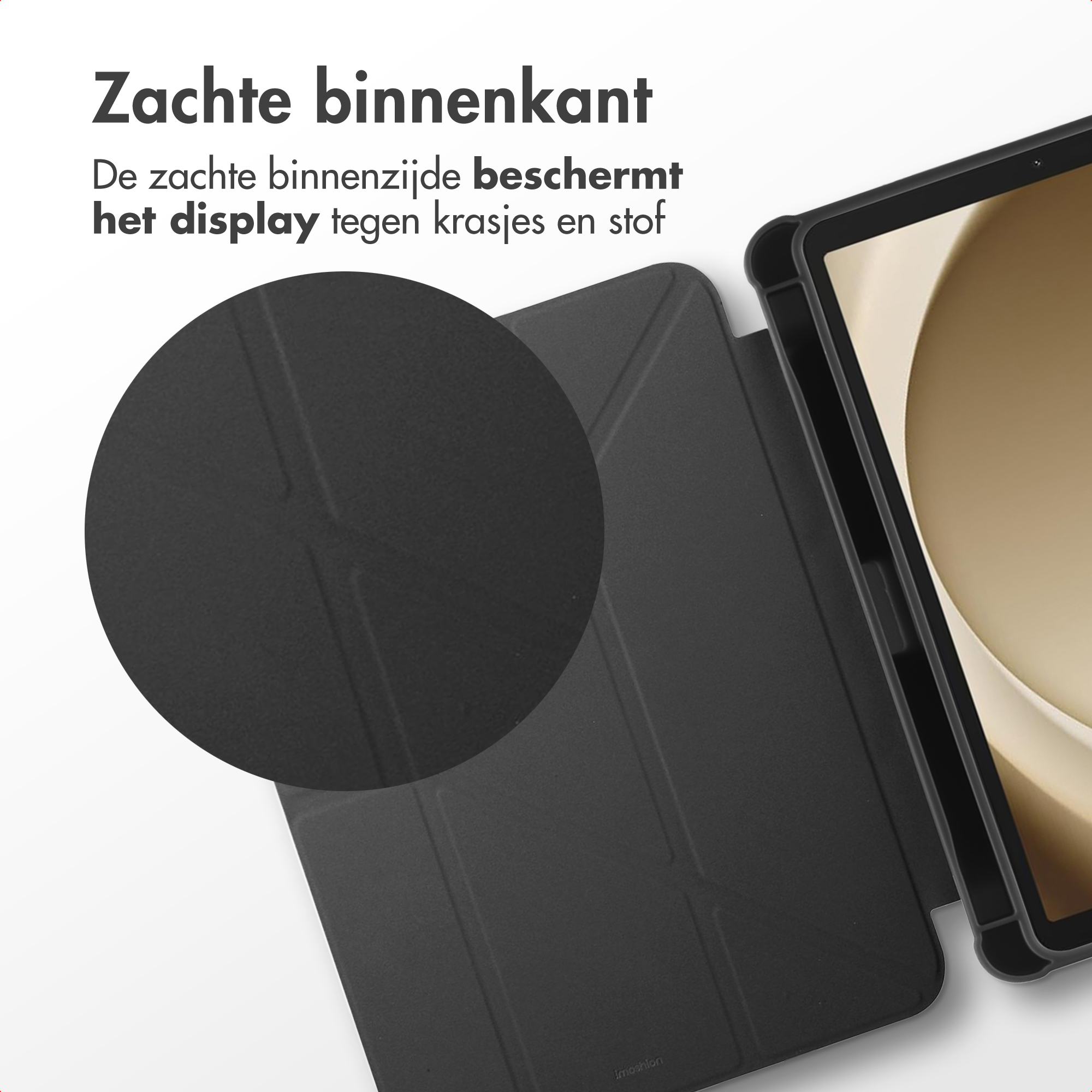 Black tablet case with a soft interior, protecting the display. A circle shows the case's texture.