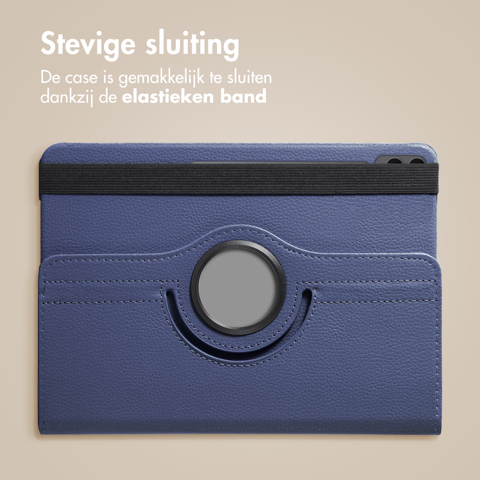 Blue tablet case with black elastic band. It has a rotating ring and stitching details on a tan background.