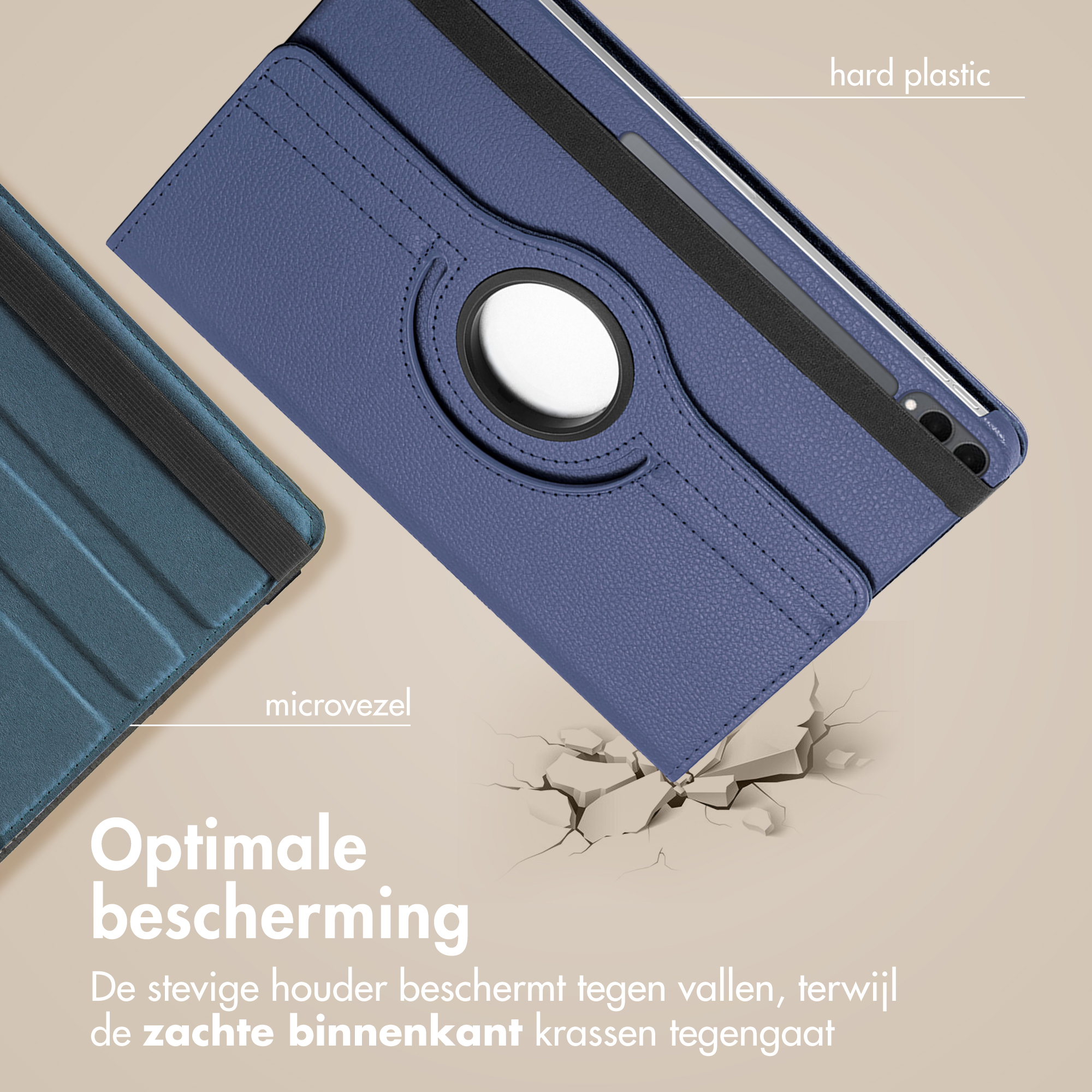 Blue tablet case with a black elastic band and a white circle, shown on a beige background with cracks.