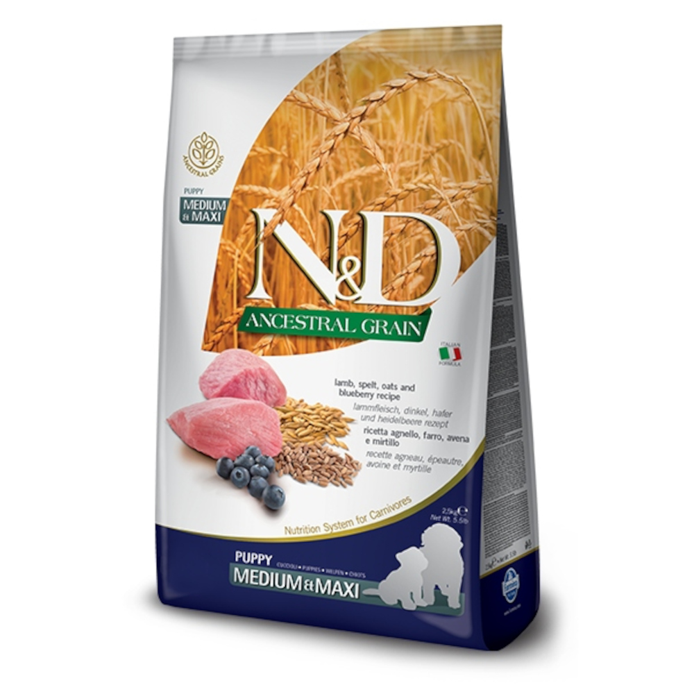 Torba karmy dla psów z jagnięciną, zbożami i borówkami. Marka "N&D Ancestral Grain". Etykieta wskazuje szczeniaka, średniego i maxi.