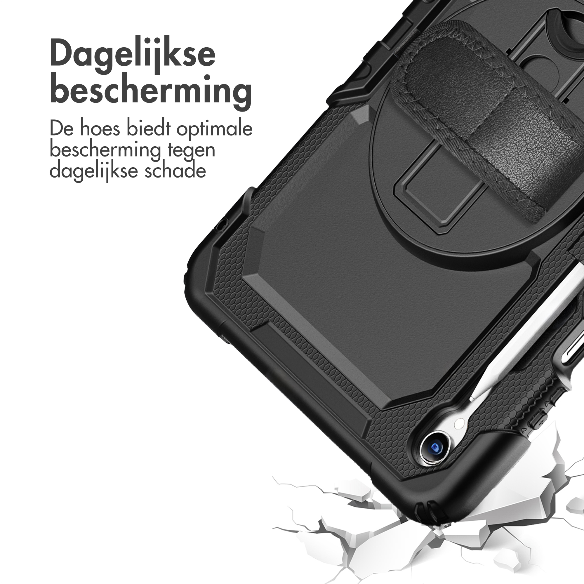 Zwarte telefoonhoes met riem, witte stylus en tekst op witte achtergrond. Gebarsten witte grond.