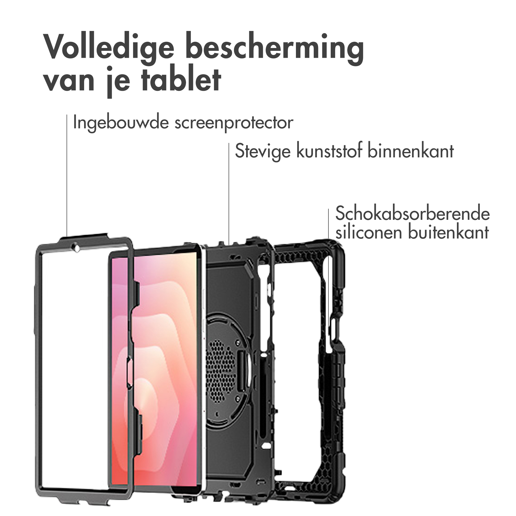 Tablethoes met lagen: schermbeschermer, plastic binnenlaag en siliconen buitenlaag voor volledige bescherming.