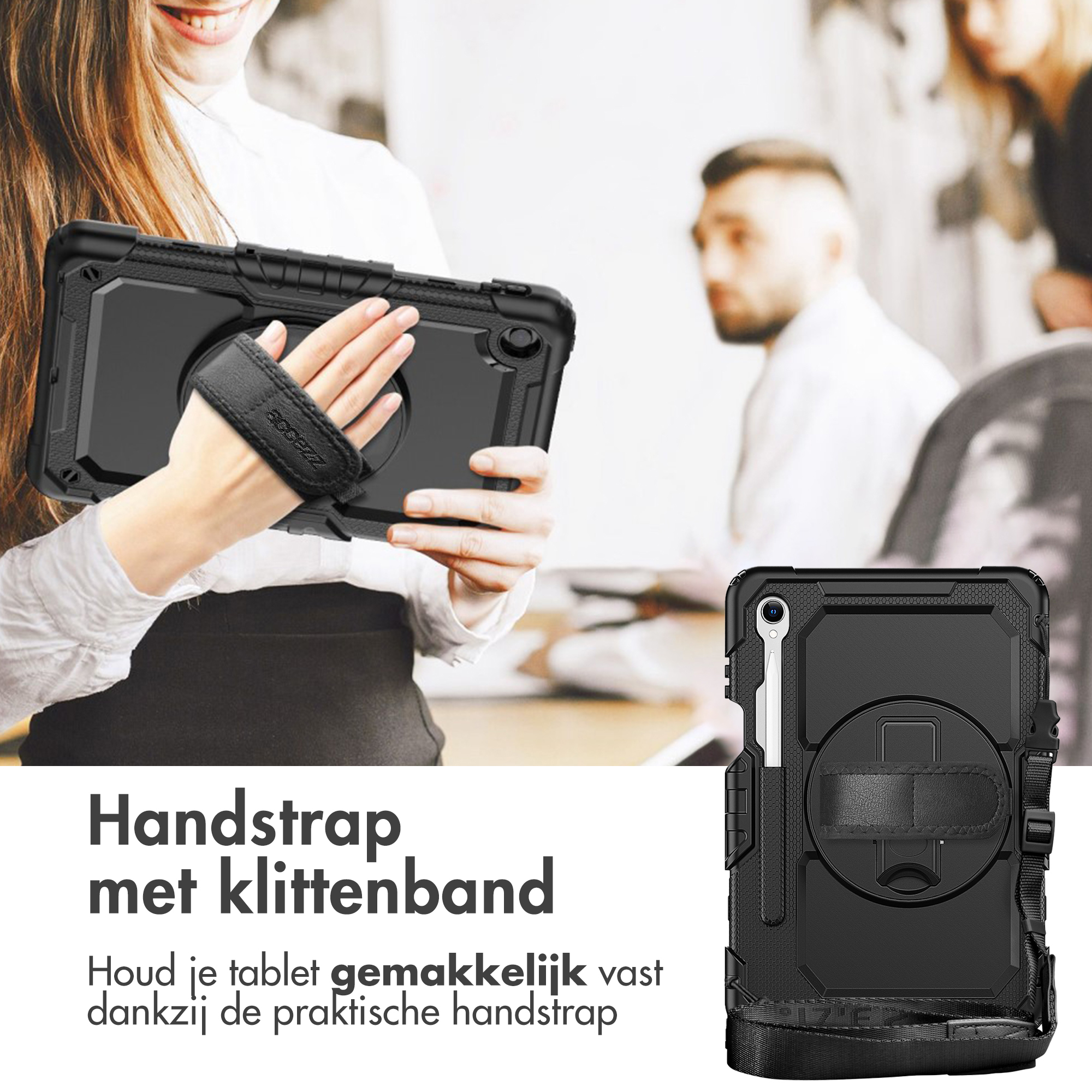 Vrouw houdt tablet met handriem vast. Zwarte hoes met riem. Tekst: Handstrap met klittenband.