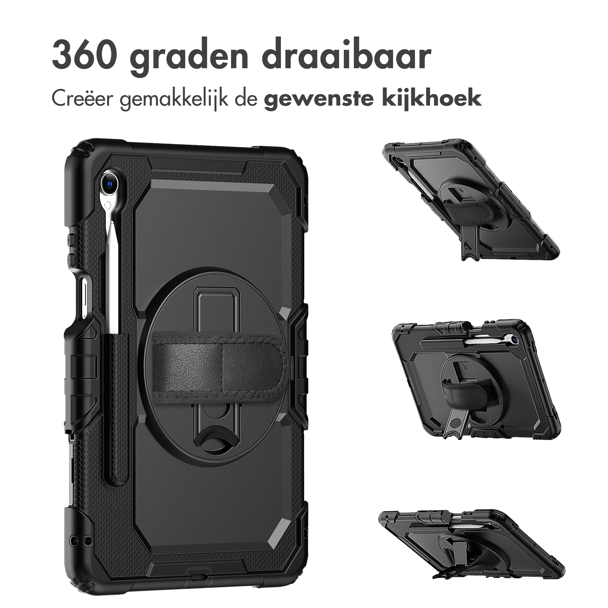 Een zwarte tablethoes met handriem en stylus. De hoes kan draaien. Tekst luidt '360 graden draaibaar'.