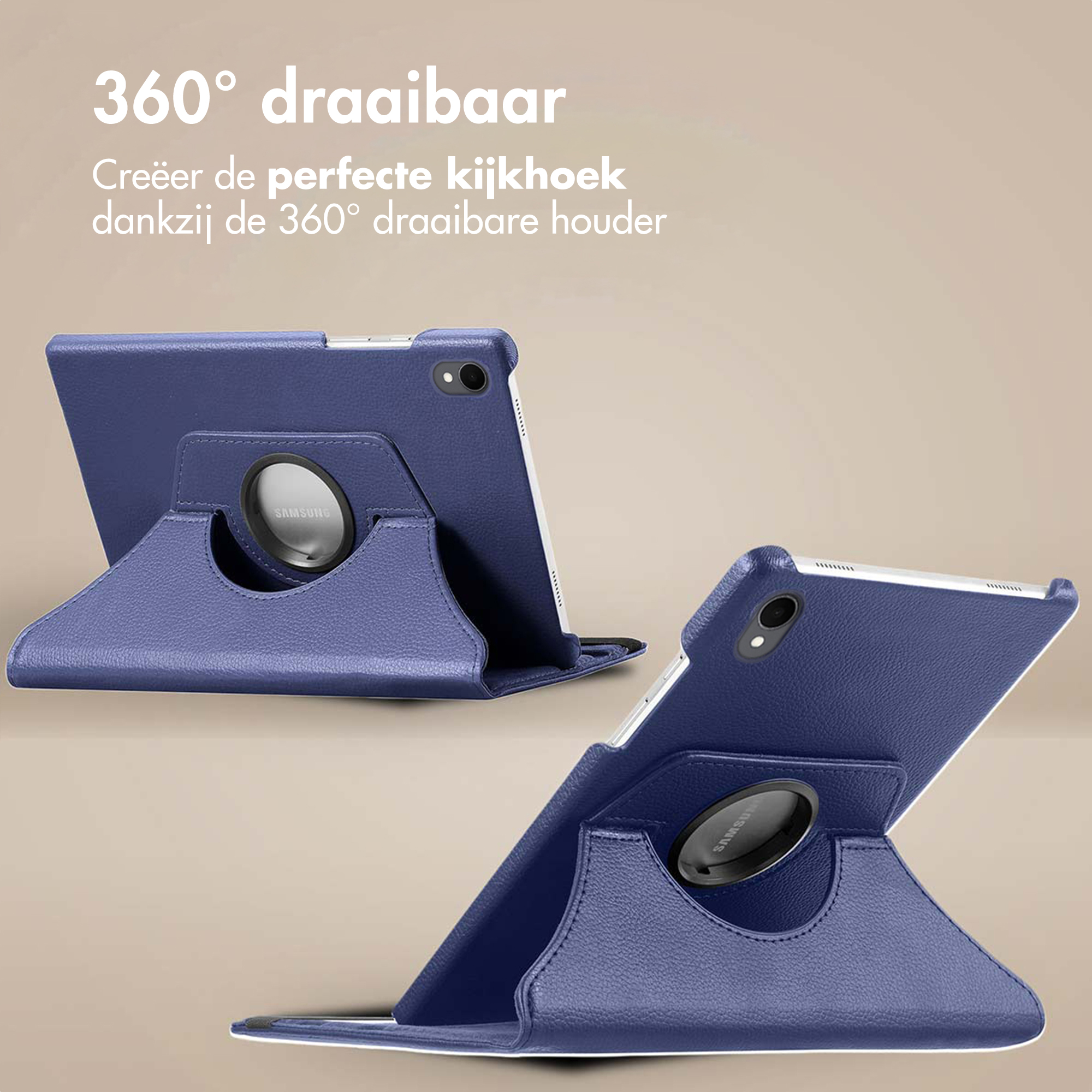 Étui de tablette bleu avec rotation à 360 degrés. L'étui est incliné, présentant une tablette et le logo Samsung.