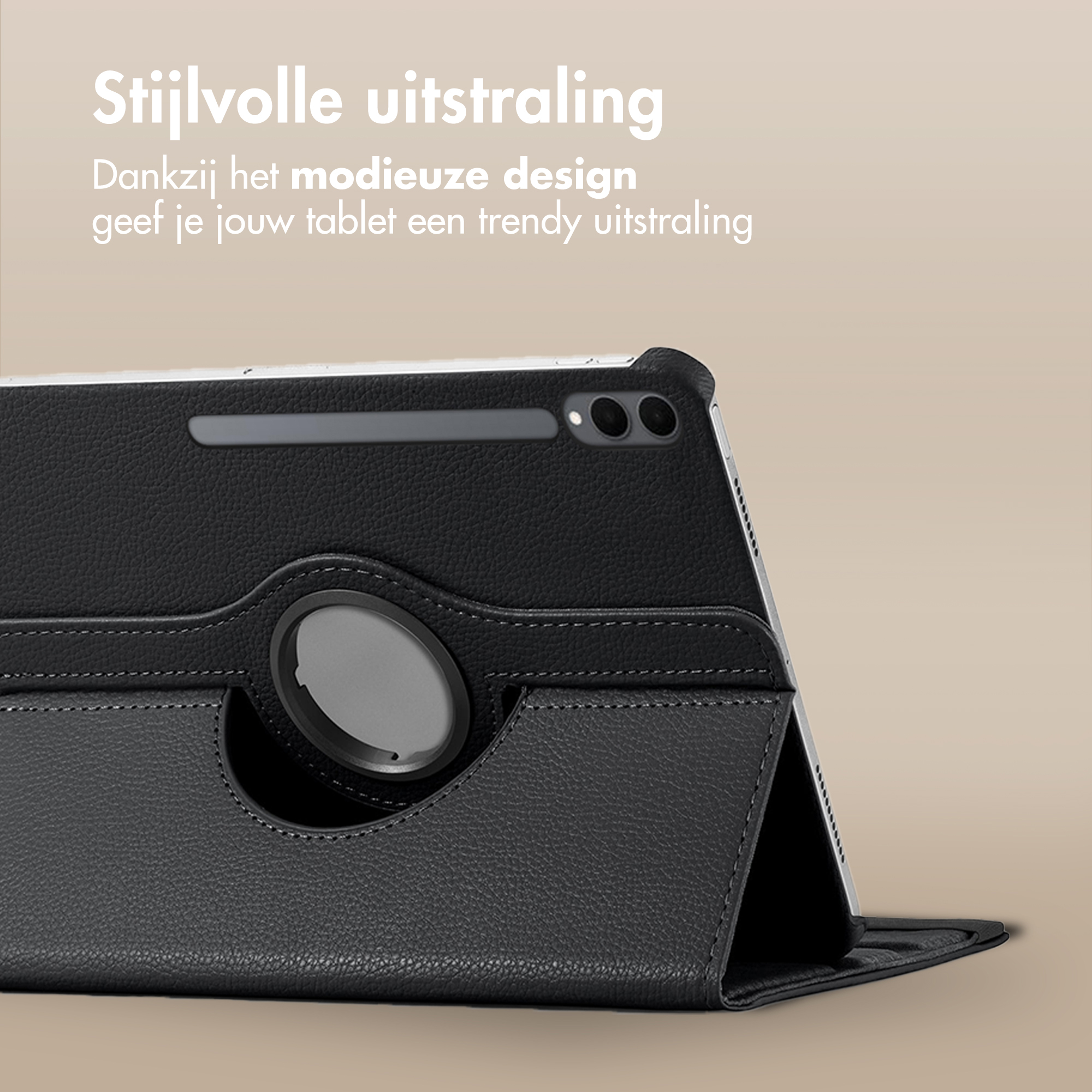 Black tablet case on a beige background. The case has a rotating ring and a fold-out stand.