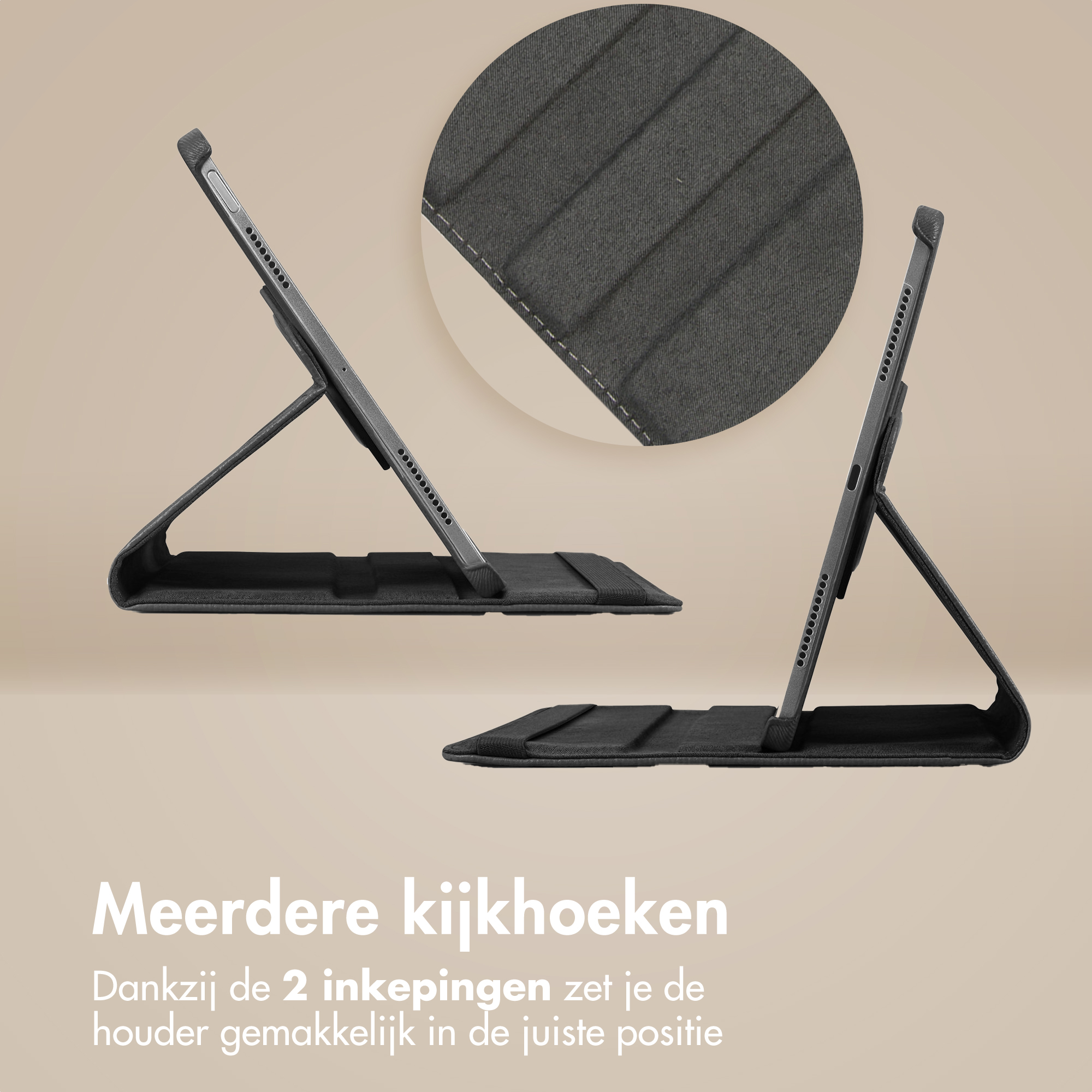 Two black tablet cases with stand function. A close-up shows the fabric texture. Text in Dutch about multiple viewing angles.