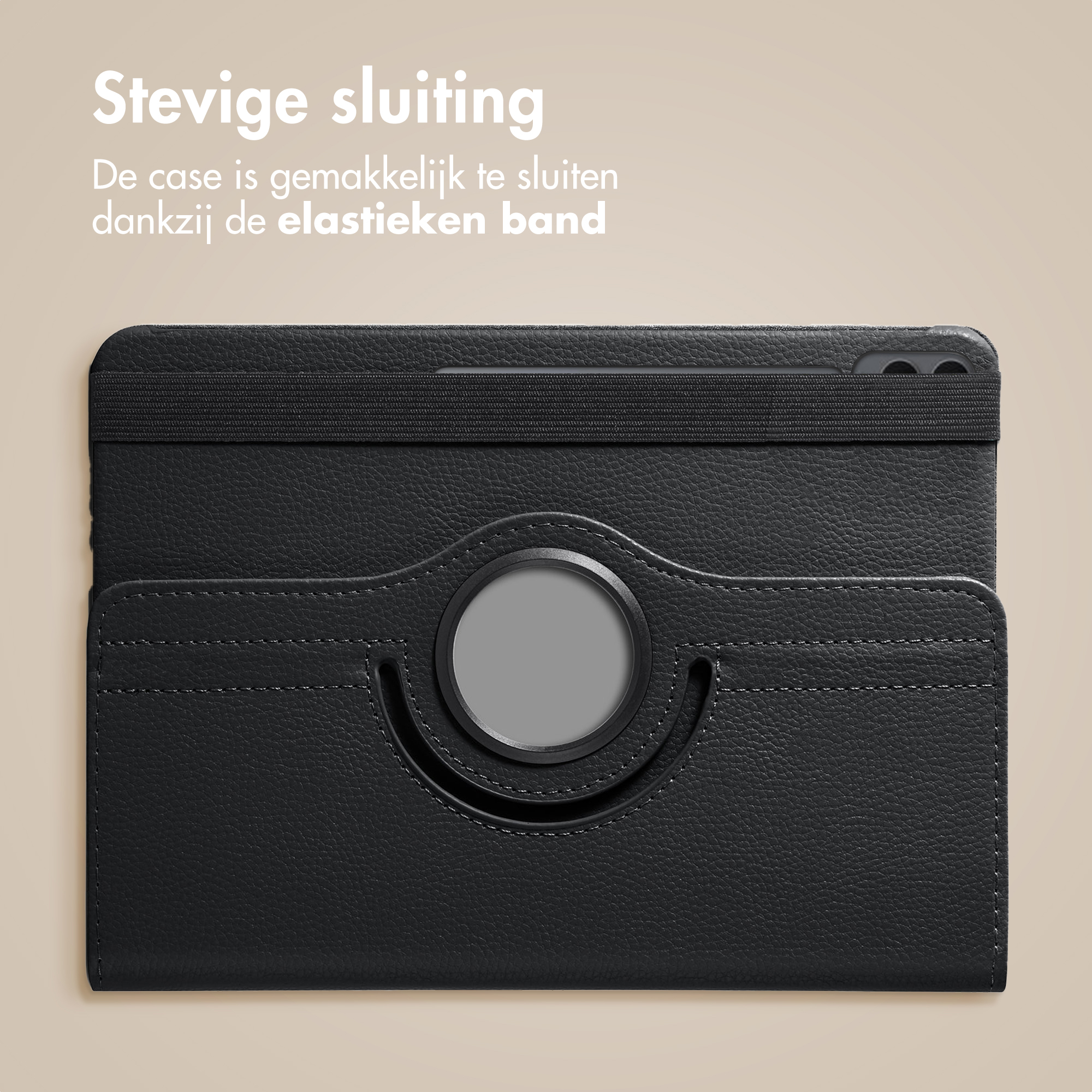 Black tablet case with elastic band closure. It has a rotating stand and a textured finish on a beige background.