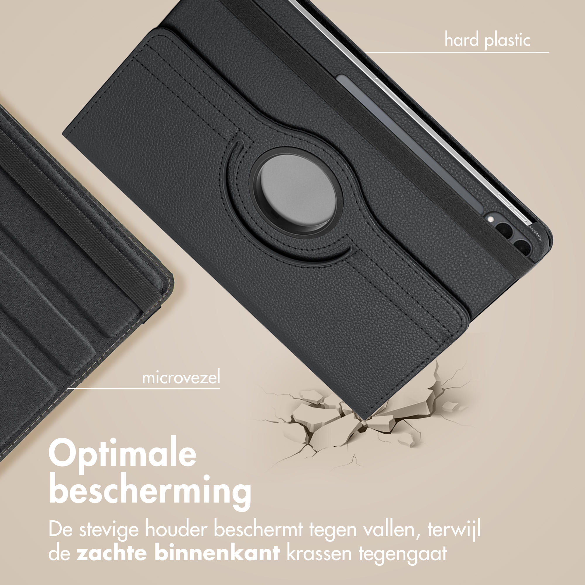 Black tablet case with hard plastic and microfiber. Text: Optimal protection. Case protects from falls, soft inside prevents scratches.