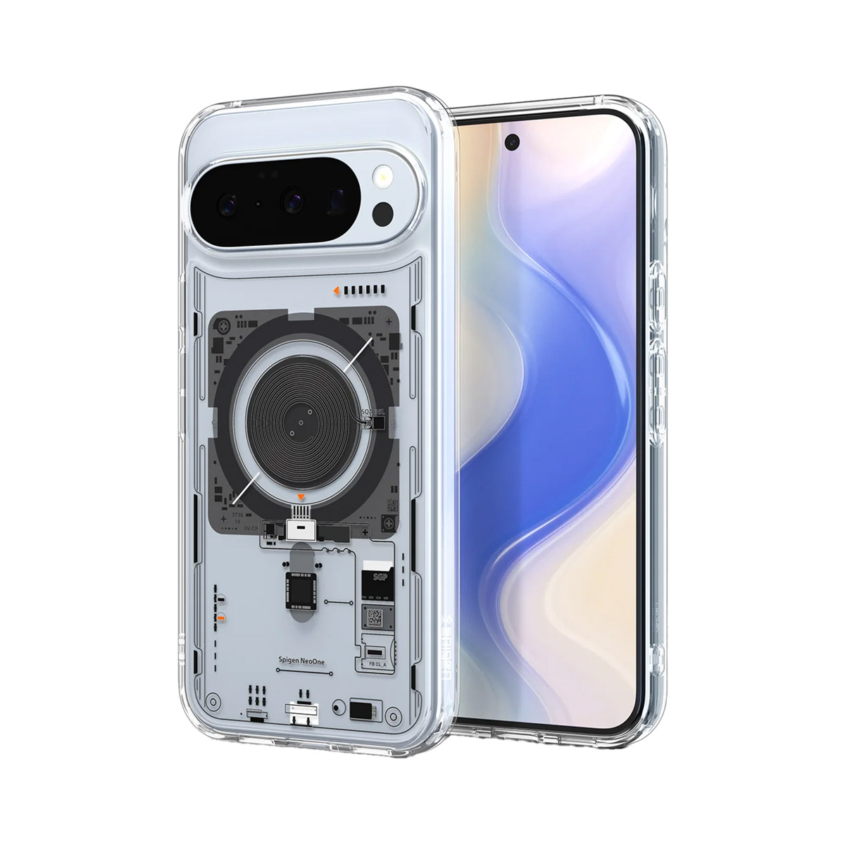 Een doorzichtige telefoonhoes met een telefoon erin. De hoes heeft een printplaat ontwerp. Het telefoonscherm toont een blauw en wit beeld.