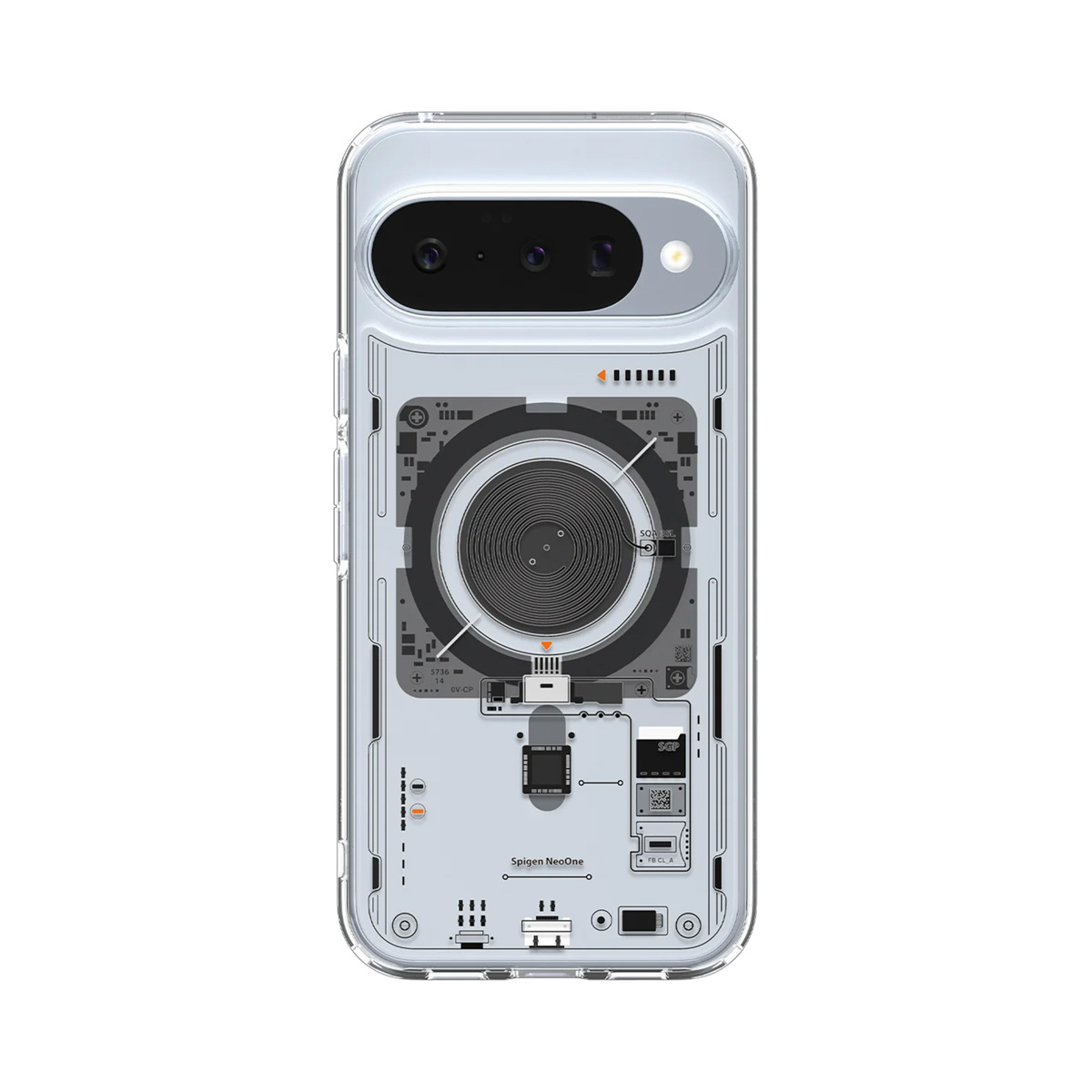 Een doorzichtige telefoonhoes toont de interne componenten van de telefoon. De hoes heeft een uitsparing voor de camera en het Spigen NeoOne logo.